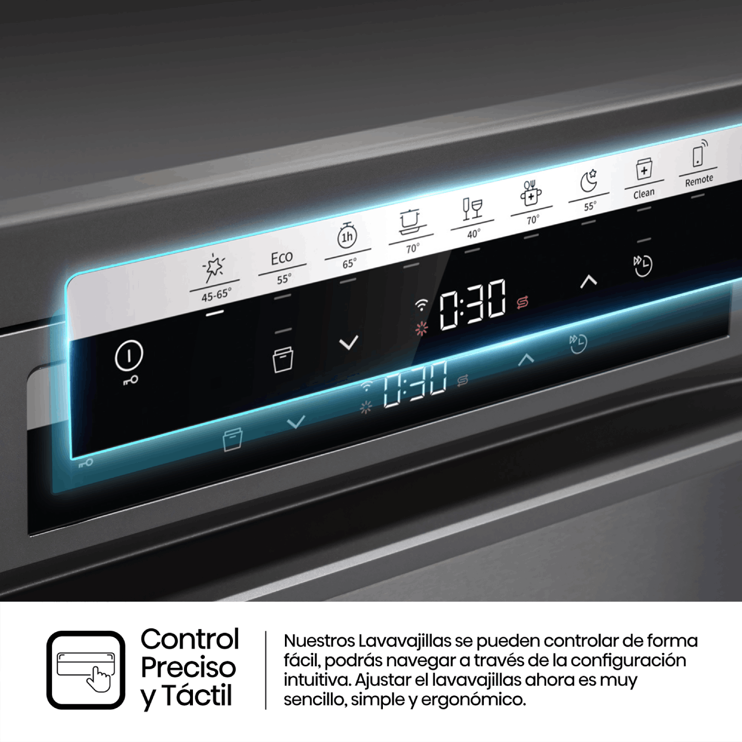 Primer plano del panel de control de un lavavajillas con opciones táctiles y de configuración.