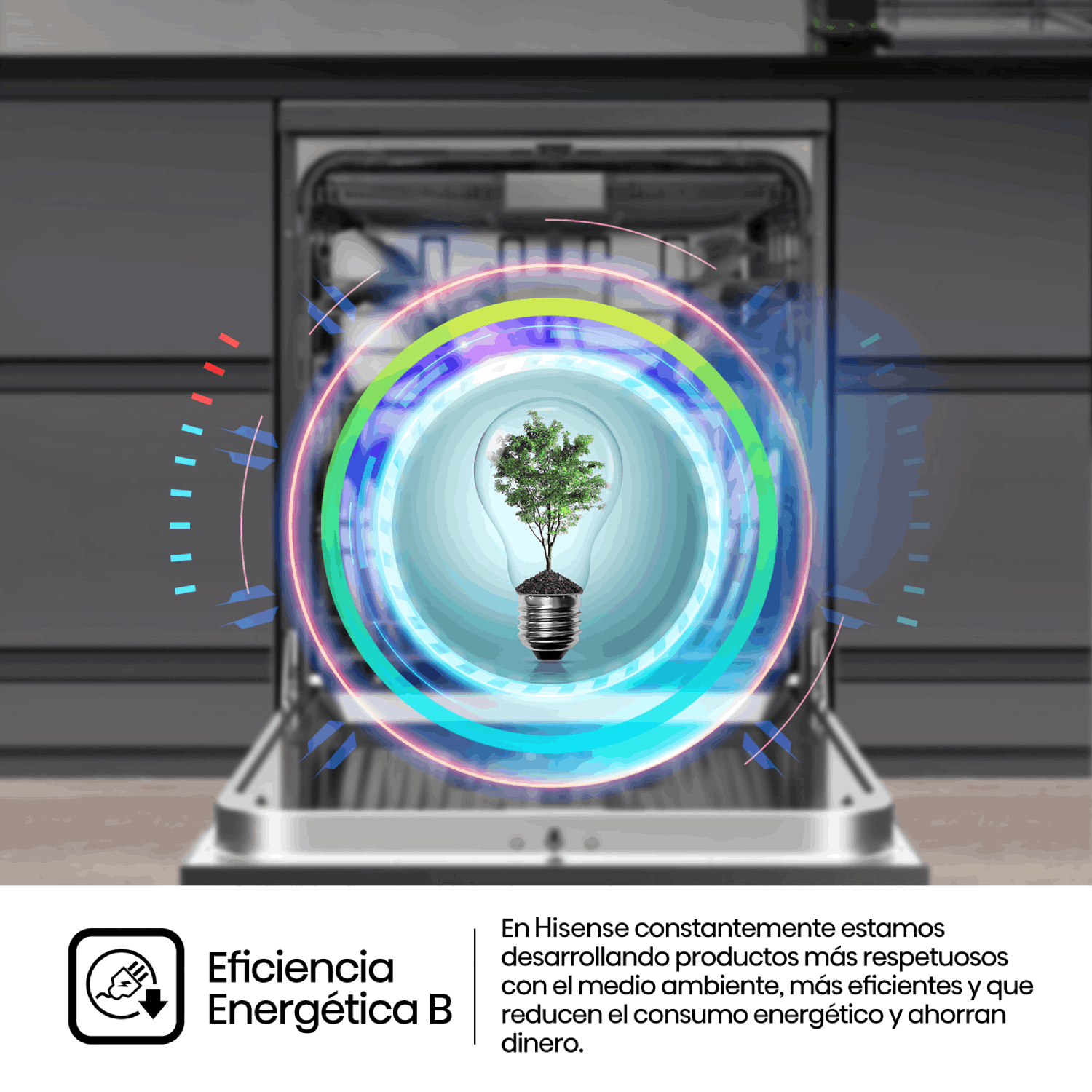 Lavavajillas con ilustración de bombilla y árbol. Etiqueta de eficiencia energética y texto Hisense.