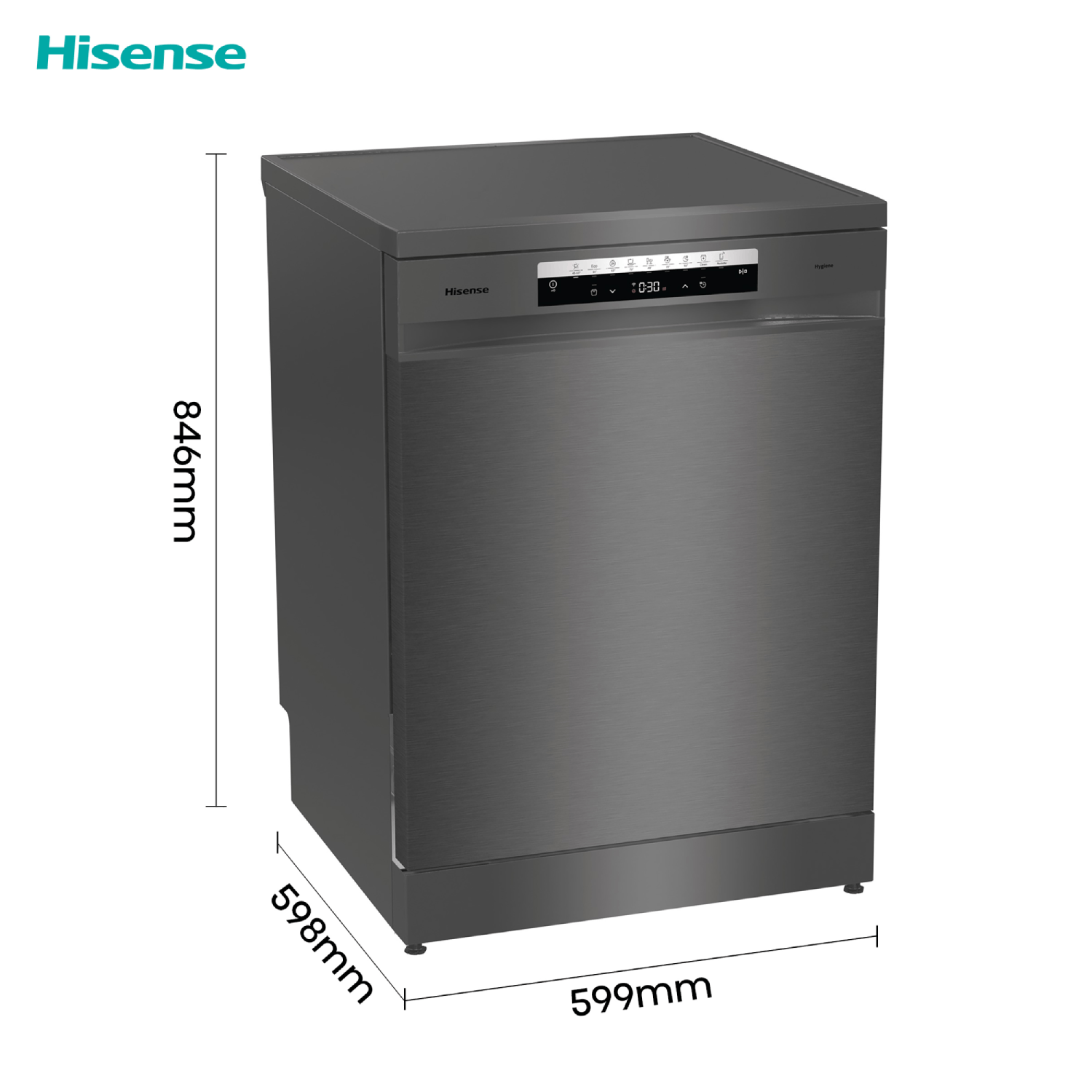 Un lavavajillas Hisense negro, con dimensiones etiquetadas, aislado en blanco.