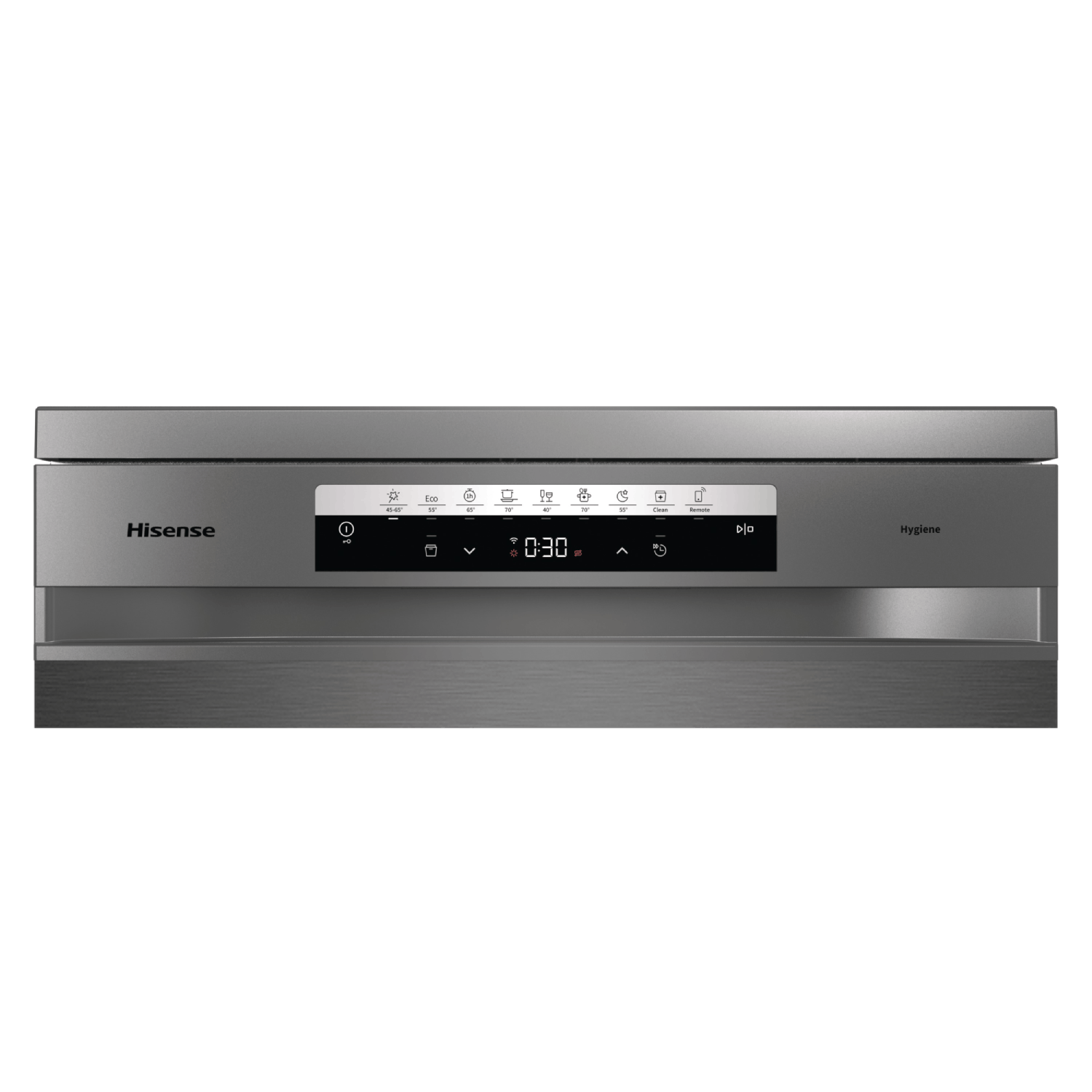 Panel de control de lavavajillas Hisense. Muestra un temporizador y múltiples opciones de programa.