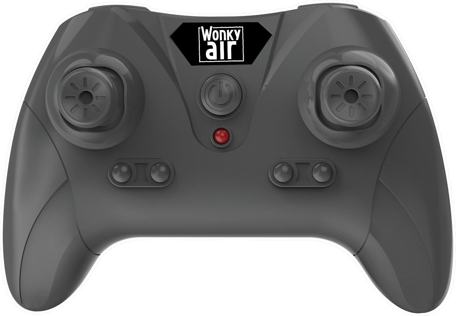 Dark grey remote control with two joysticks, function buttons, and a power button. The brand is 'Wonky Air'.