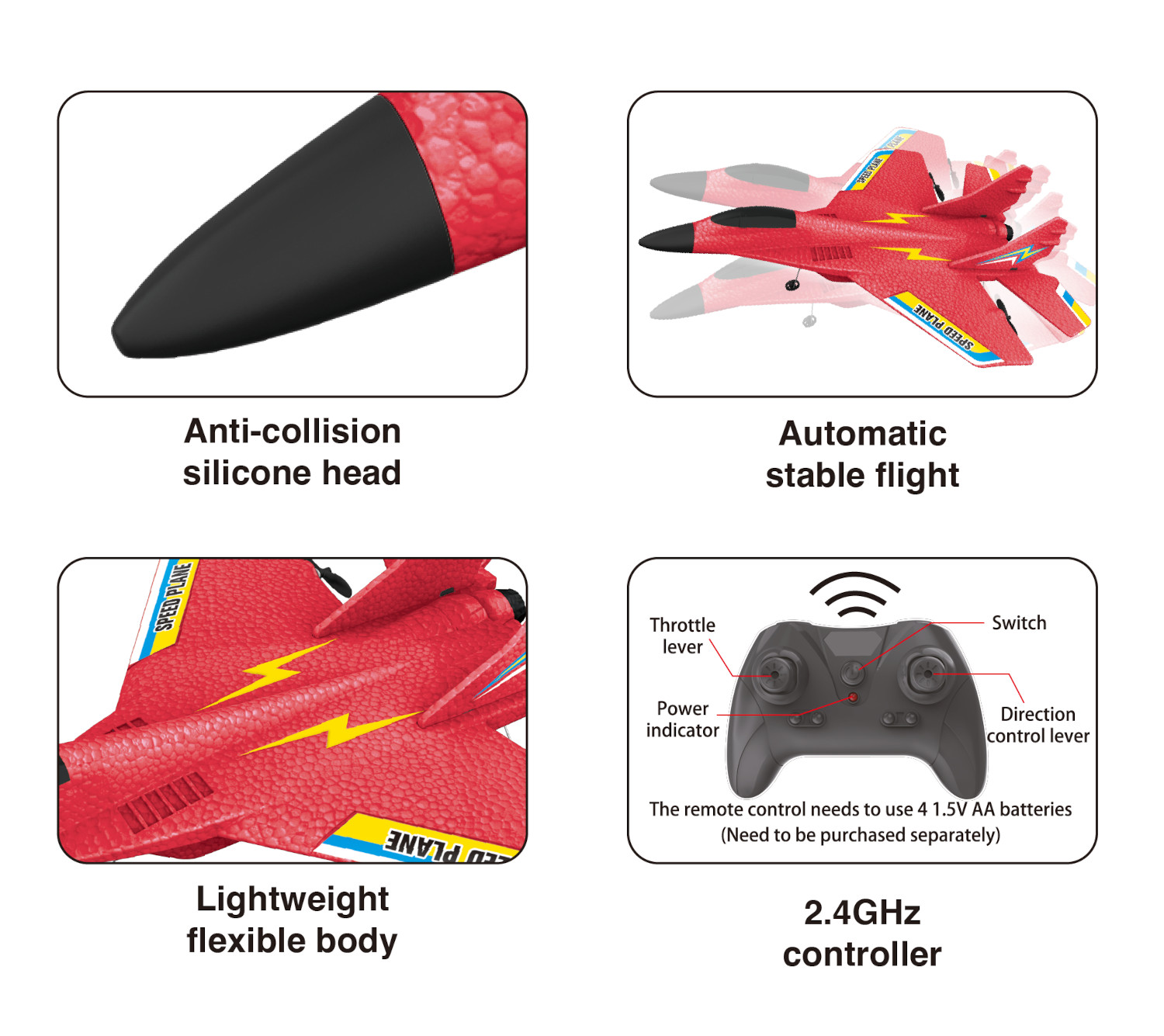 A red toy plane with a 2.4GHz controller.