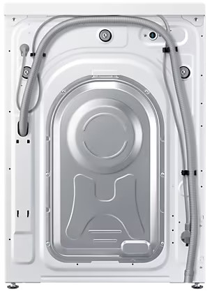 Dos d'un lave-linge blanc, avec des tuyaux et un panneau métallique.