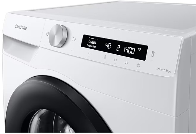 Panneau de contrôle de lave-linge blanc avec un bouton, un écran et divers boutons.