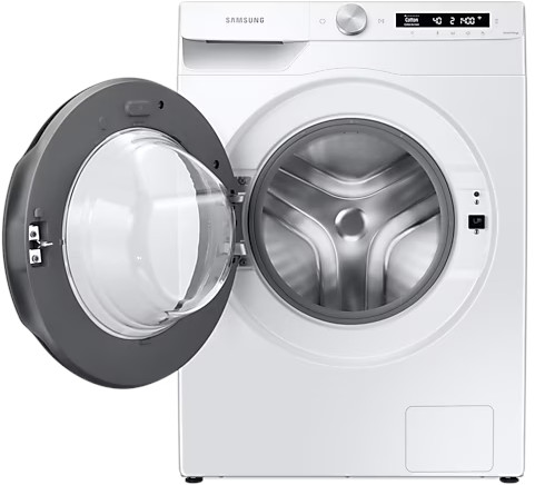 Lave-linge Samsung blanc avec la porte ouverte, montrant l'intérieur.