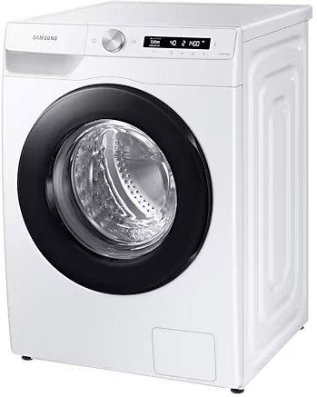Lave-linge Samsung blanc avec porte noire, panneau de commande et détails argentés.