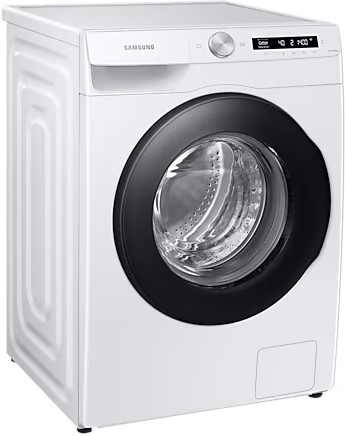 Lave-linge Samsung blanc avec porte noire et panneau de commande.