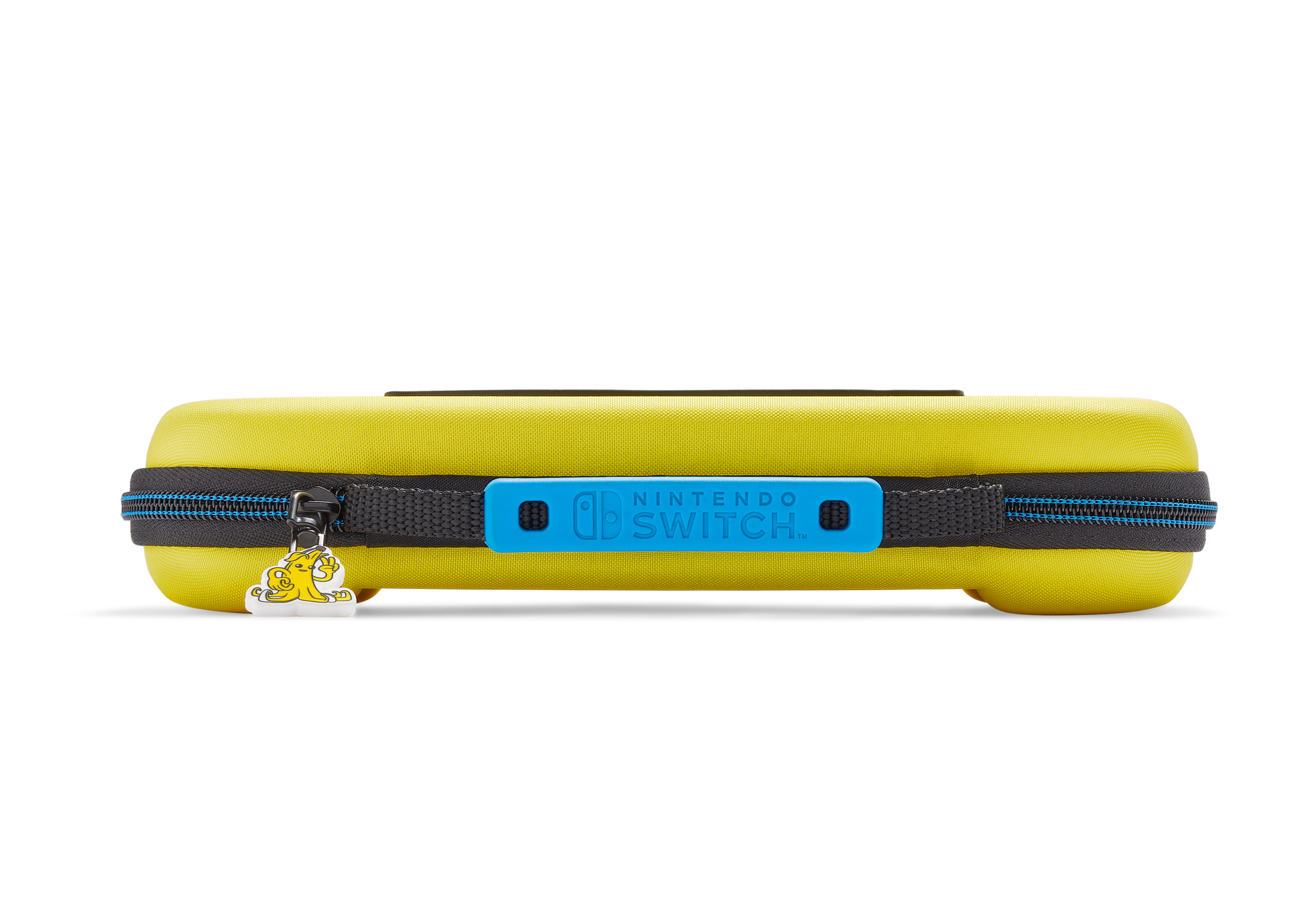 Ein gelbes Nintendo Switch-Etui. Der Reißverschluss hat einen Anhänger.