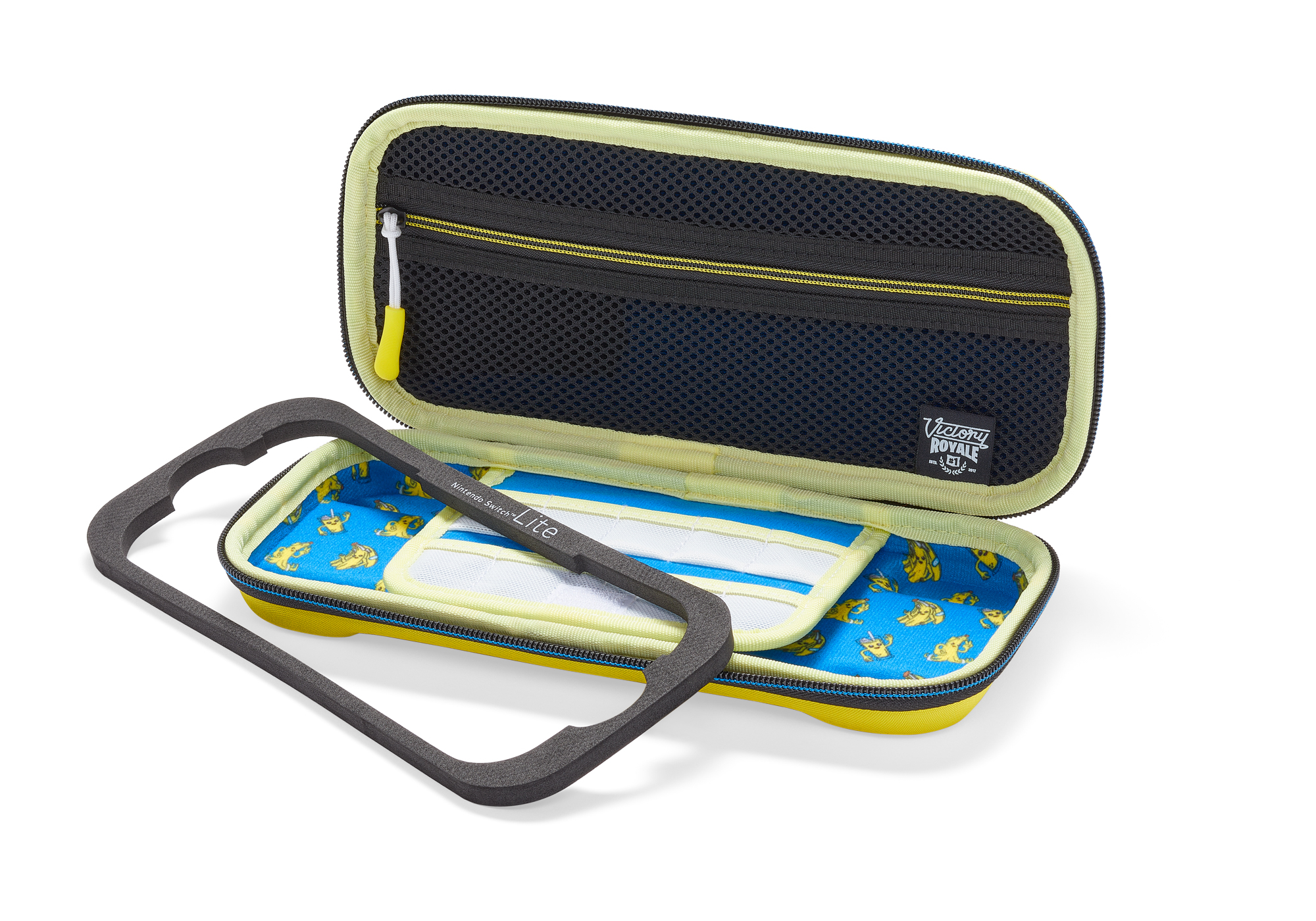 Geöffnete Nintendo Switch Lite Hülle mit Konsole und Zubehör, gelb und blau.