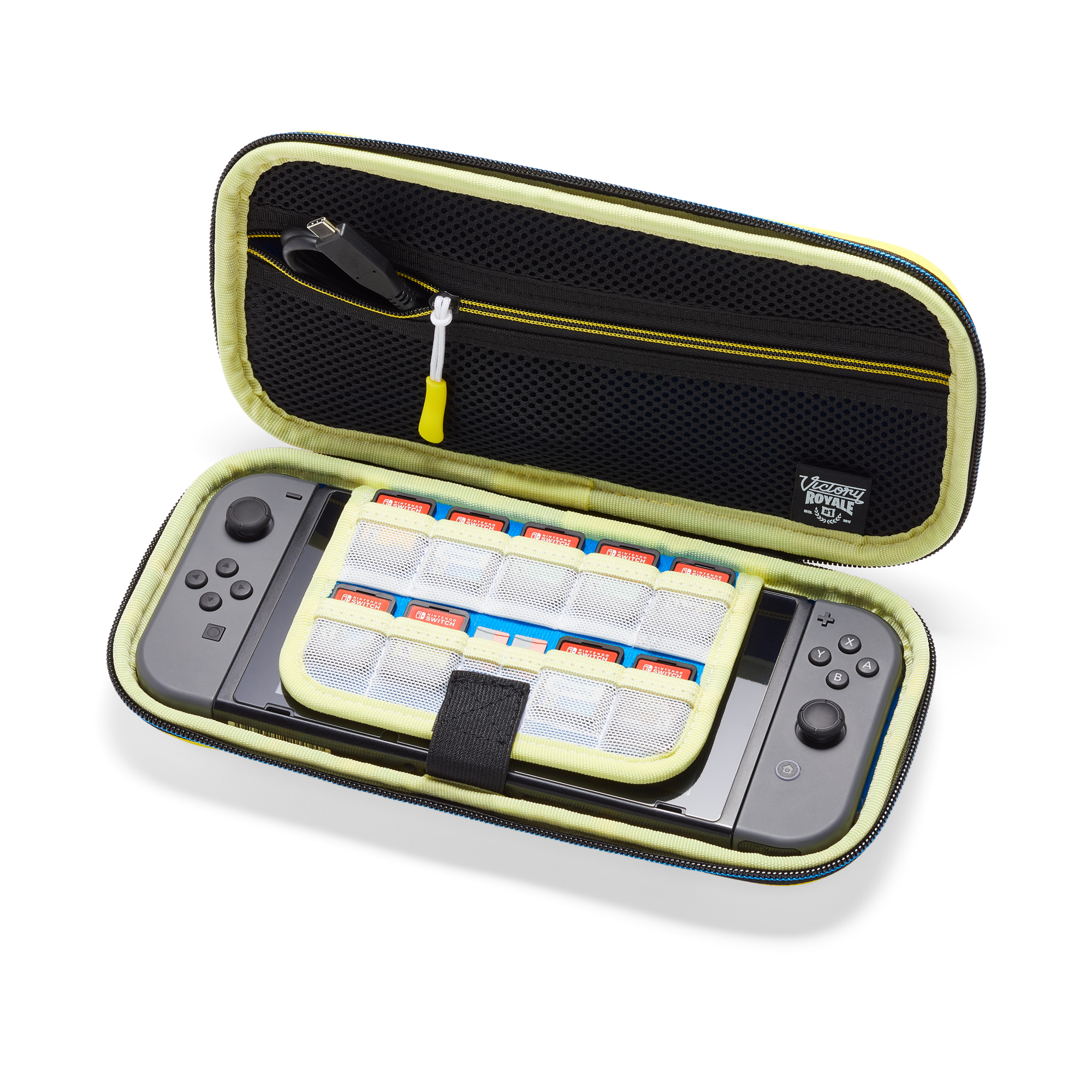 Eine Switch-Konsole in einem gelb-schwarzen Etui mit Spielkassetten.