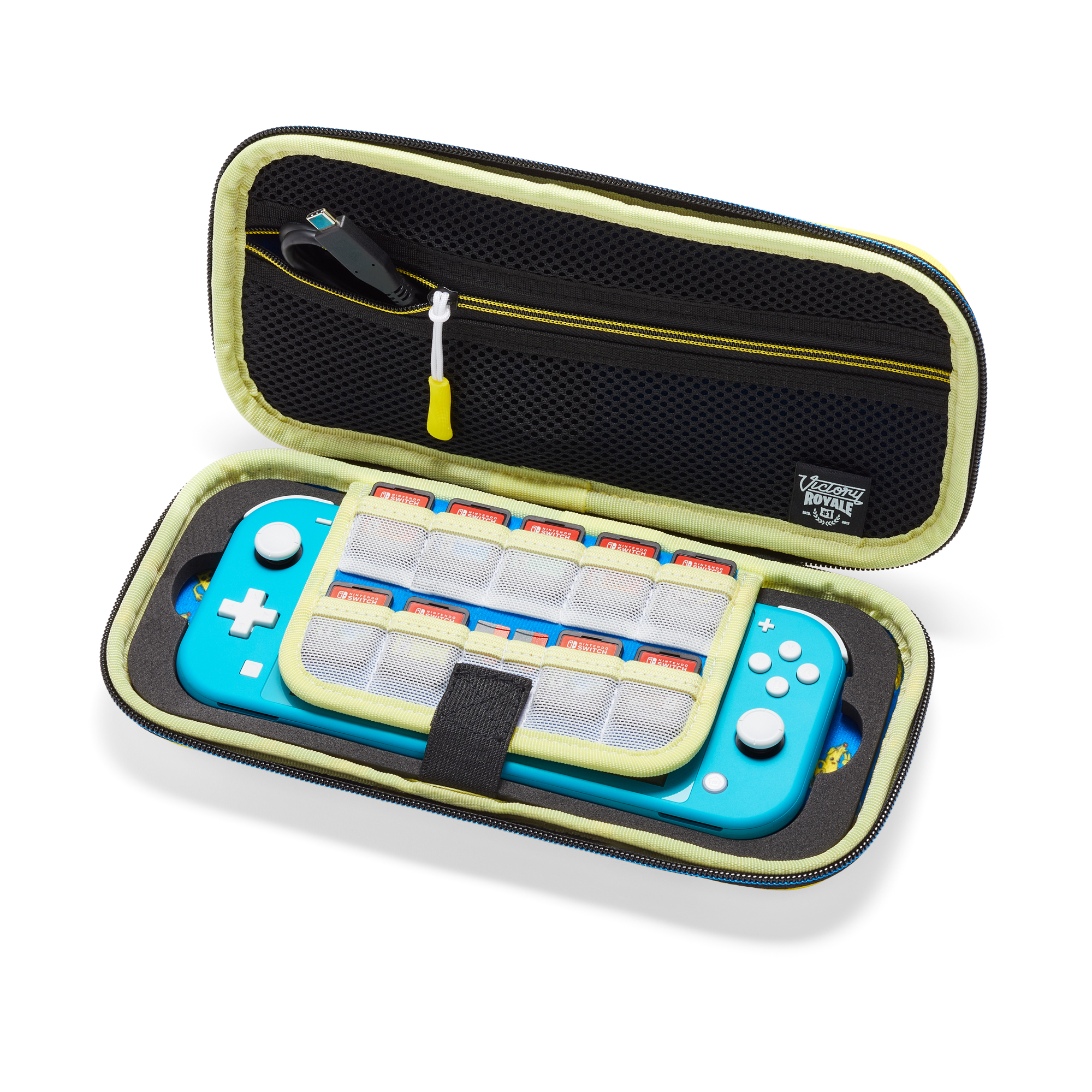 Eine blaue Nintendo Switch Lite in einem geöffneten schwarz-gelben Etui.