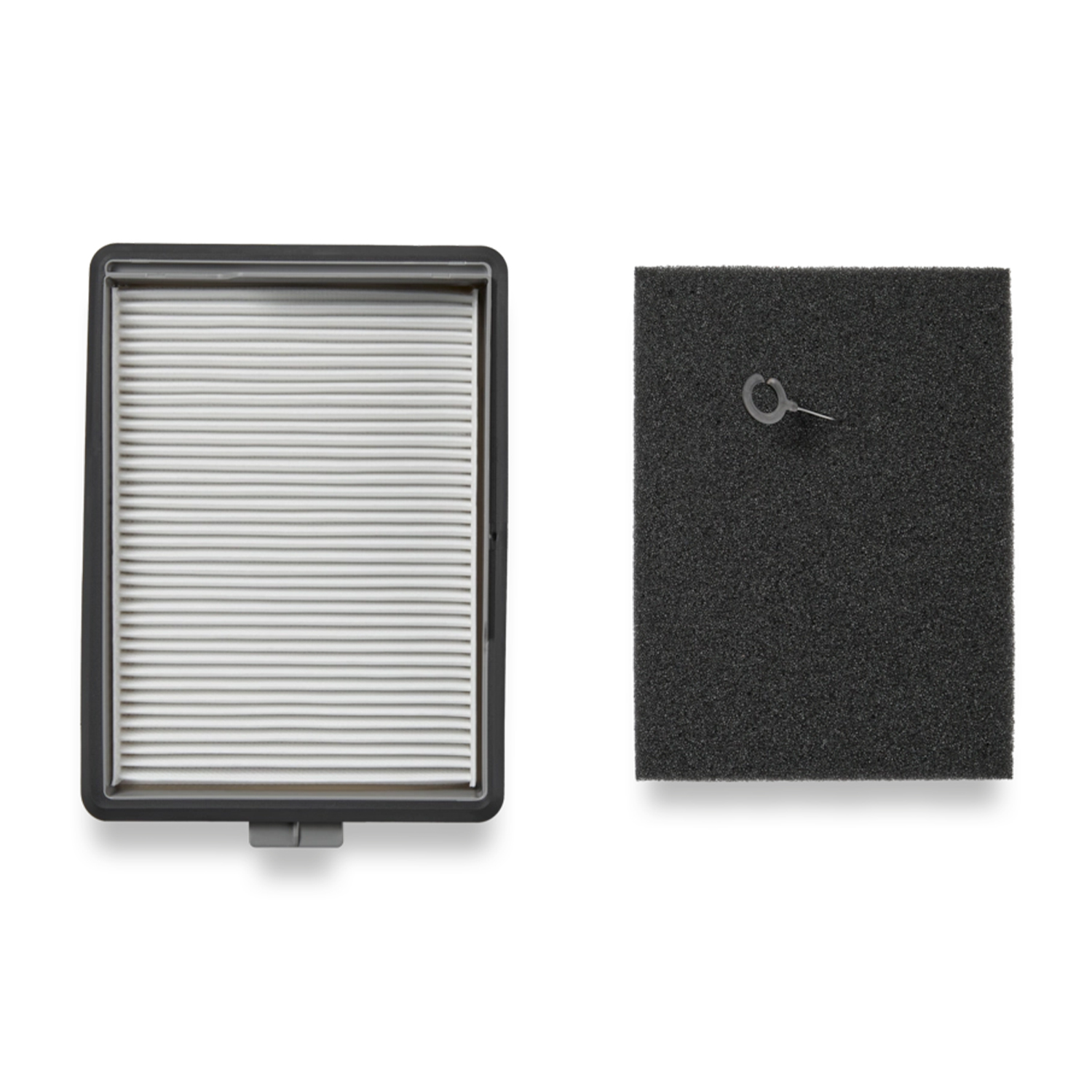Filtro Miele, parti separate. Cornice grigia con strisce bianche e filtro in schiuma nera.