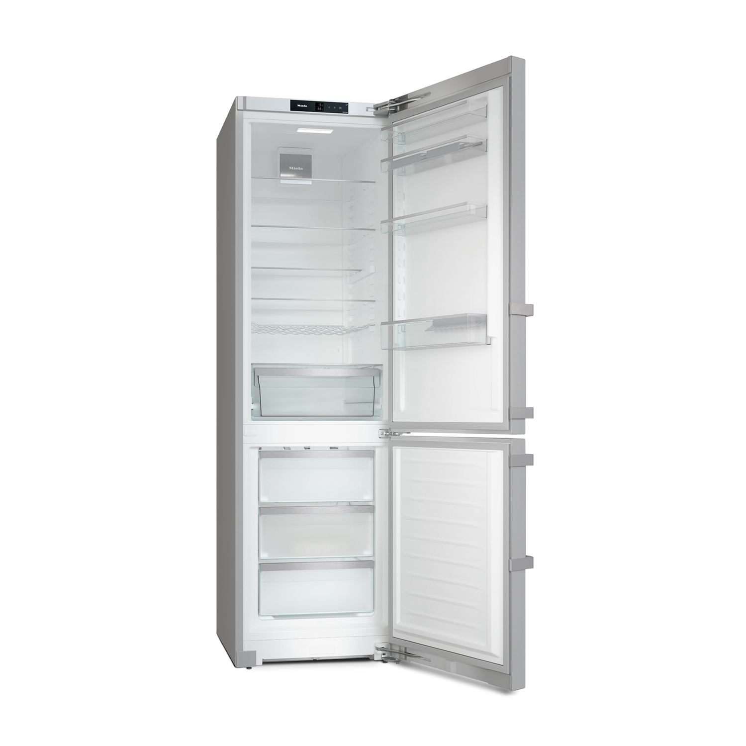 Frigorifero Miele argentato aperto. Mensole interne, cassetti e illuminazione visibili.