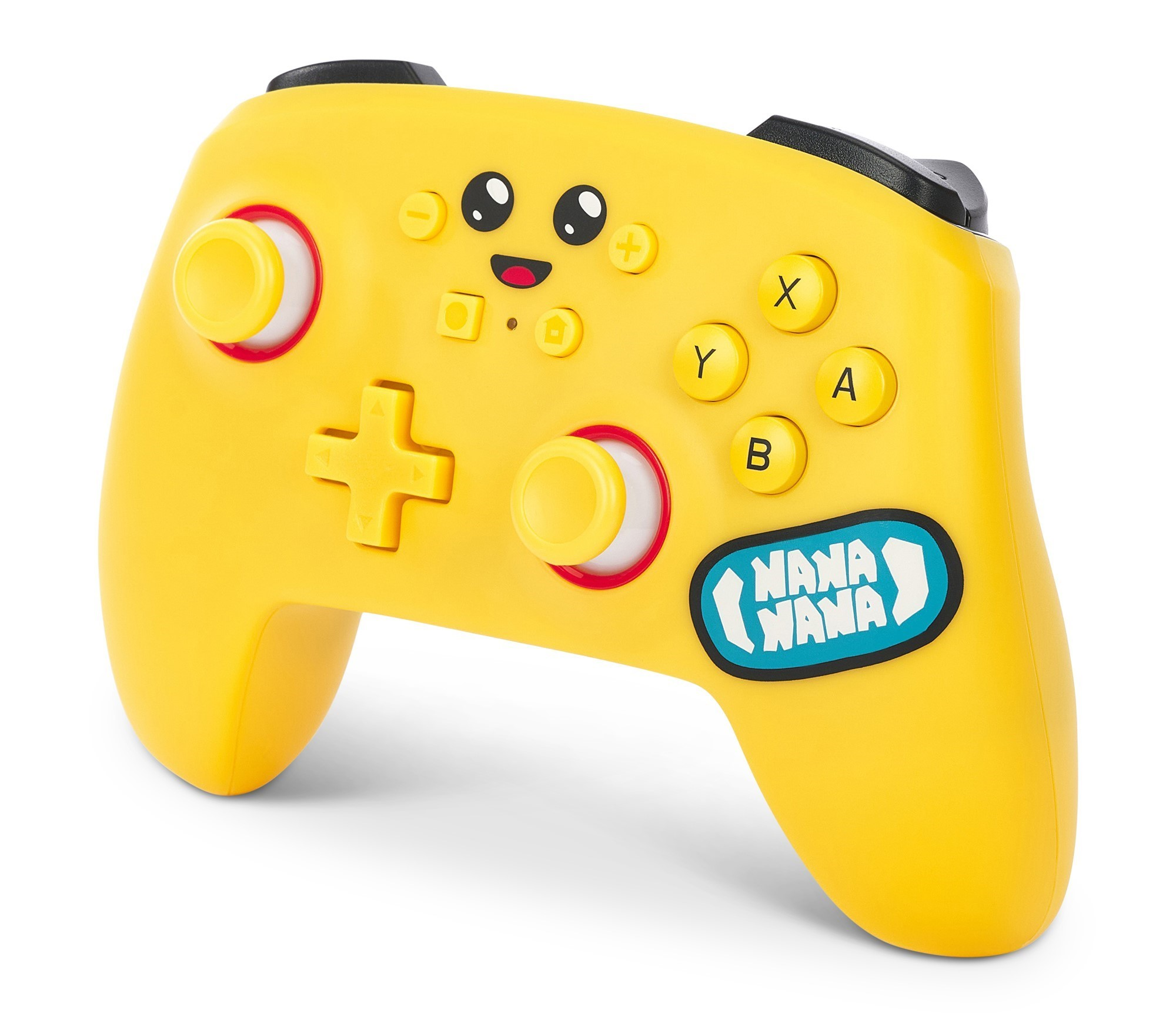 Ein gelber Gamecontroller mit Tasten mit den Bezeichnungen X, Y, A und B sowie Richtungstasten und einem Logo.