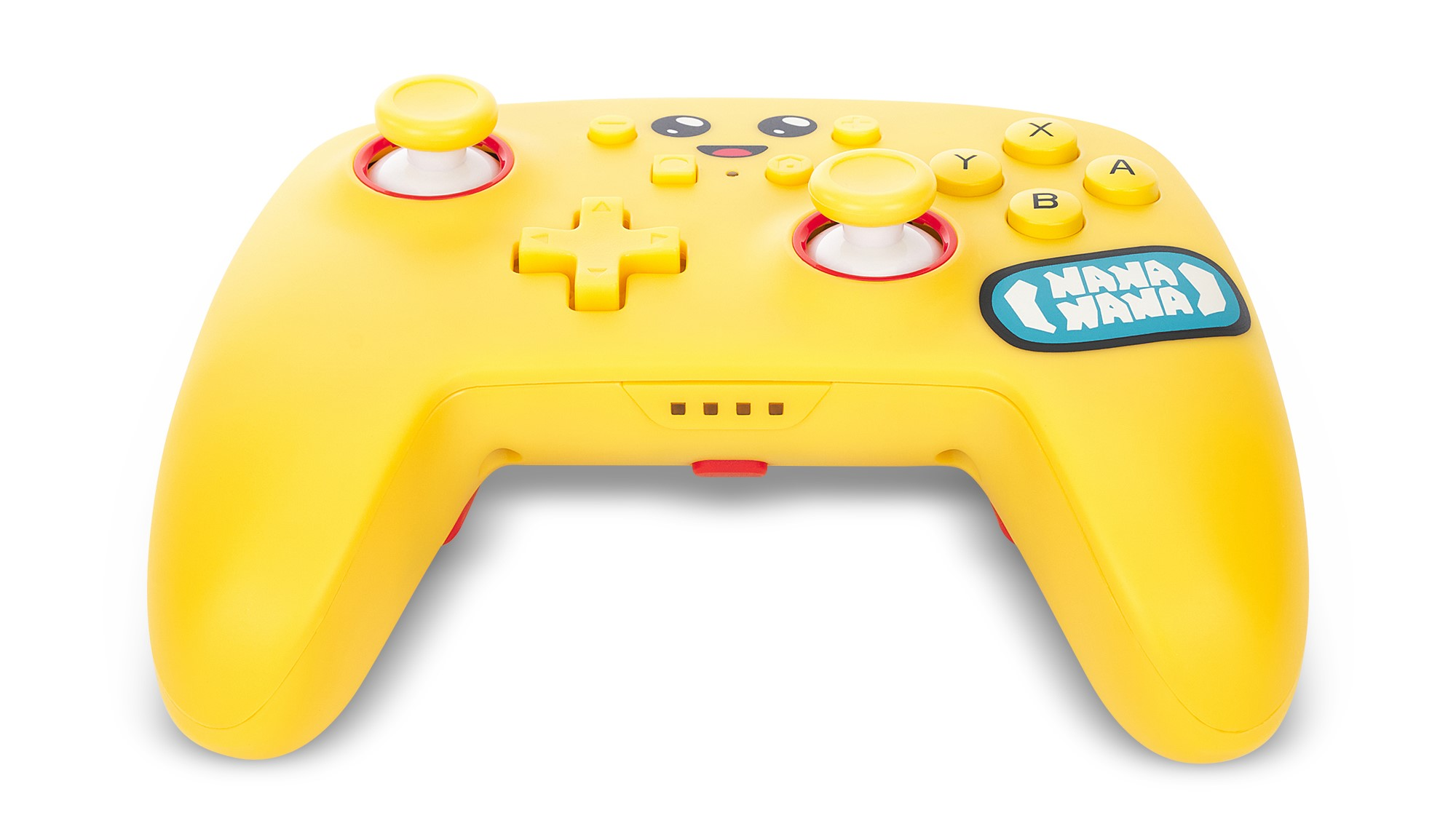 Gelber Gamecontroller mit weißen Joysticks und Knöpfen auf weißem Hintergrund.