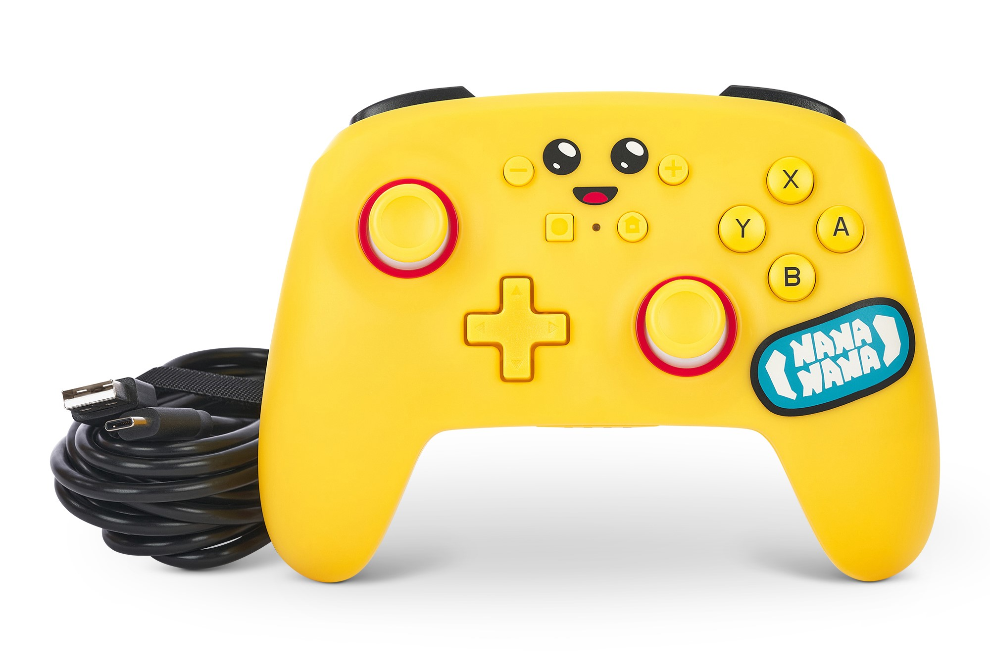 Gelber Controller mit Knöpfen, einem Kabel und den Worten 'Nana Wawa' auf weißem Hintergrund.