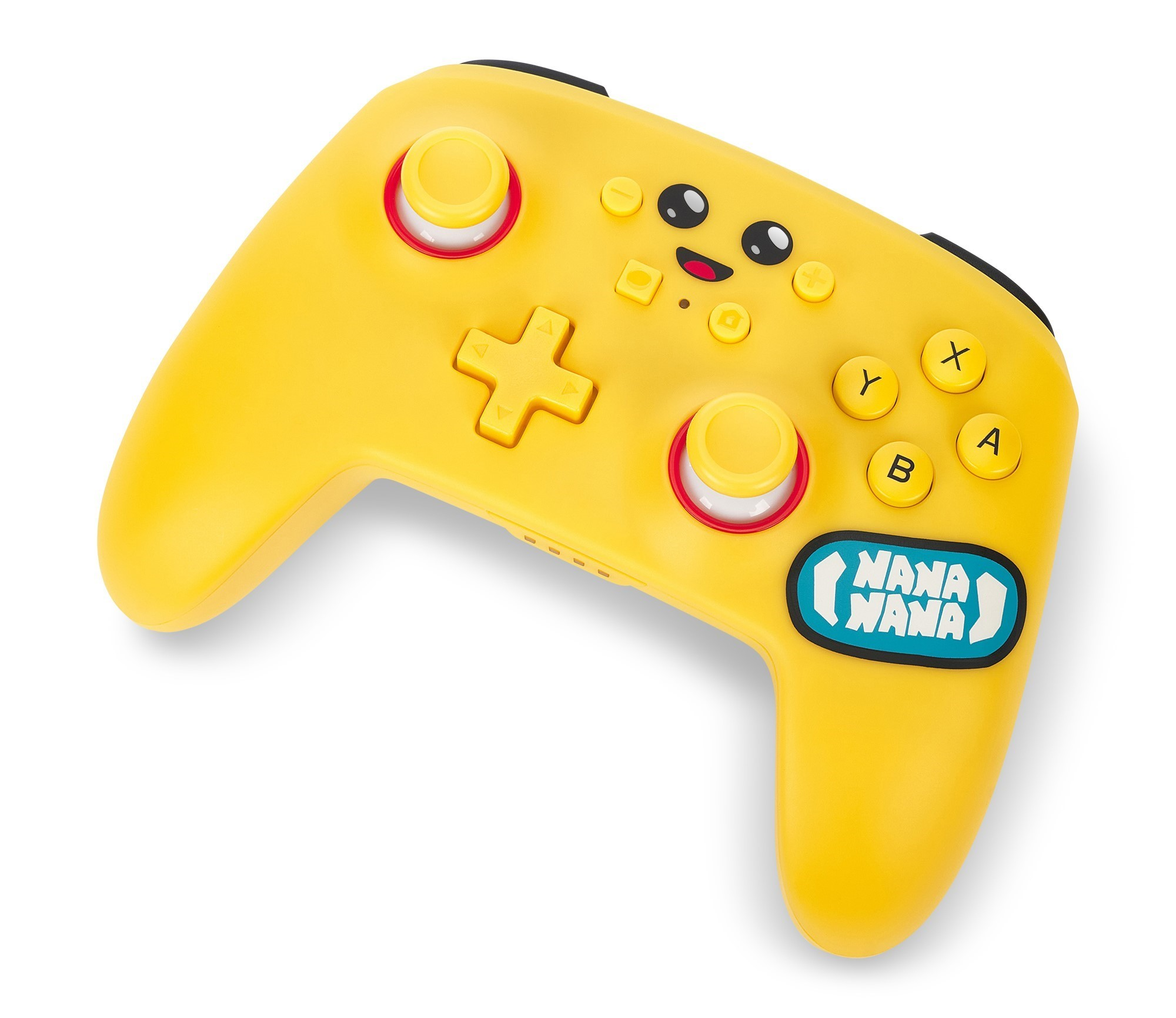 Gelber Gamecontroller mit Knöpfen. Es hat ein Nana Nana Logo und ein Smiley-Gesicht.