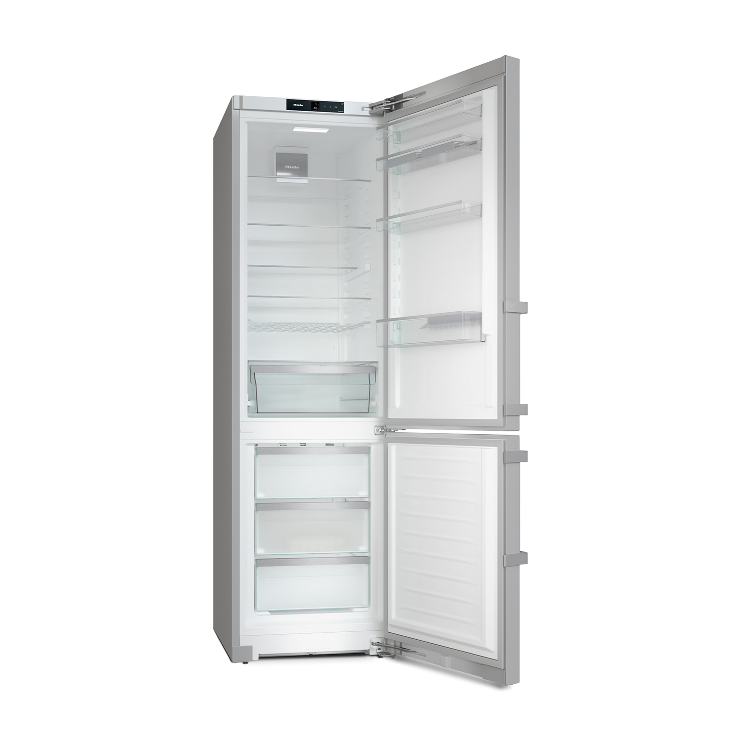 Frigorifero Miele argentato aperto. Mensole interne, cassetti e illuminazione visibili.
