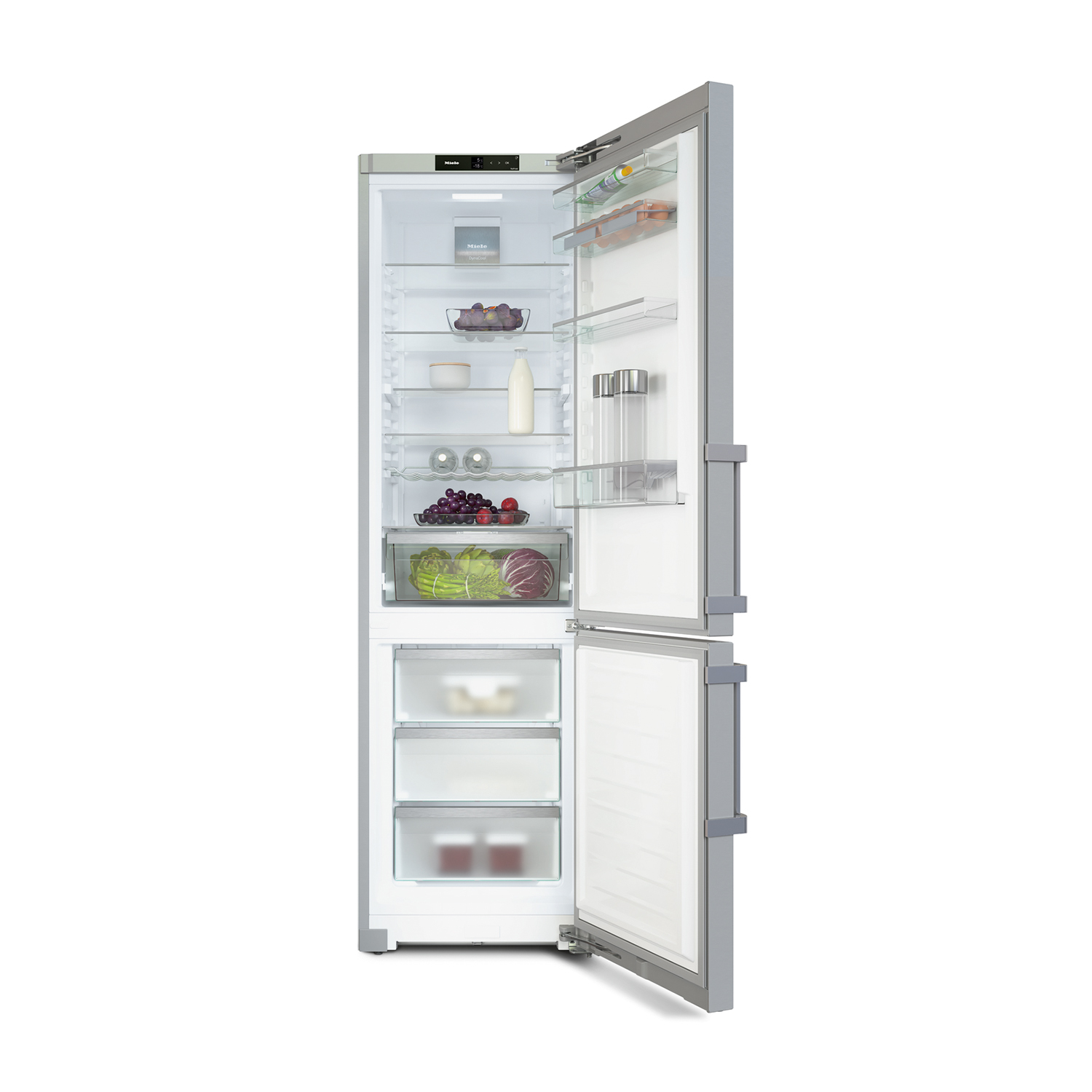 Interno del frigorifero Miele aperto con alimenti visibili. Ripiani, cassetti e illuminazione.