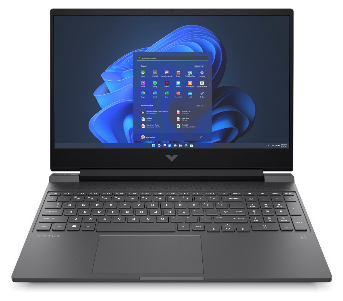 Czarny laptop Victus z interfejsem Windows na ekranie, na białym tle.