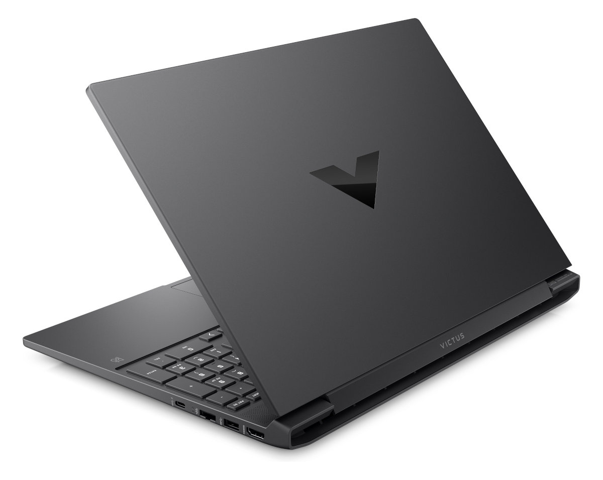 Czarny laptop z logo Victus z tyłu, częściowo otwarty.