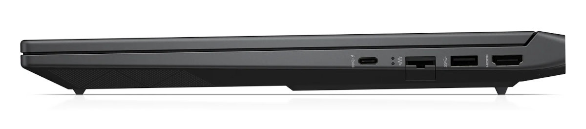 Widok z boku laptopa, czarny z portami: USB, HDMI i USB-C.