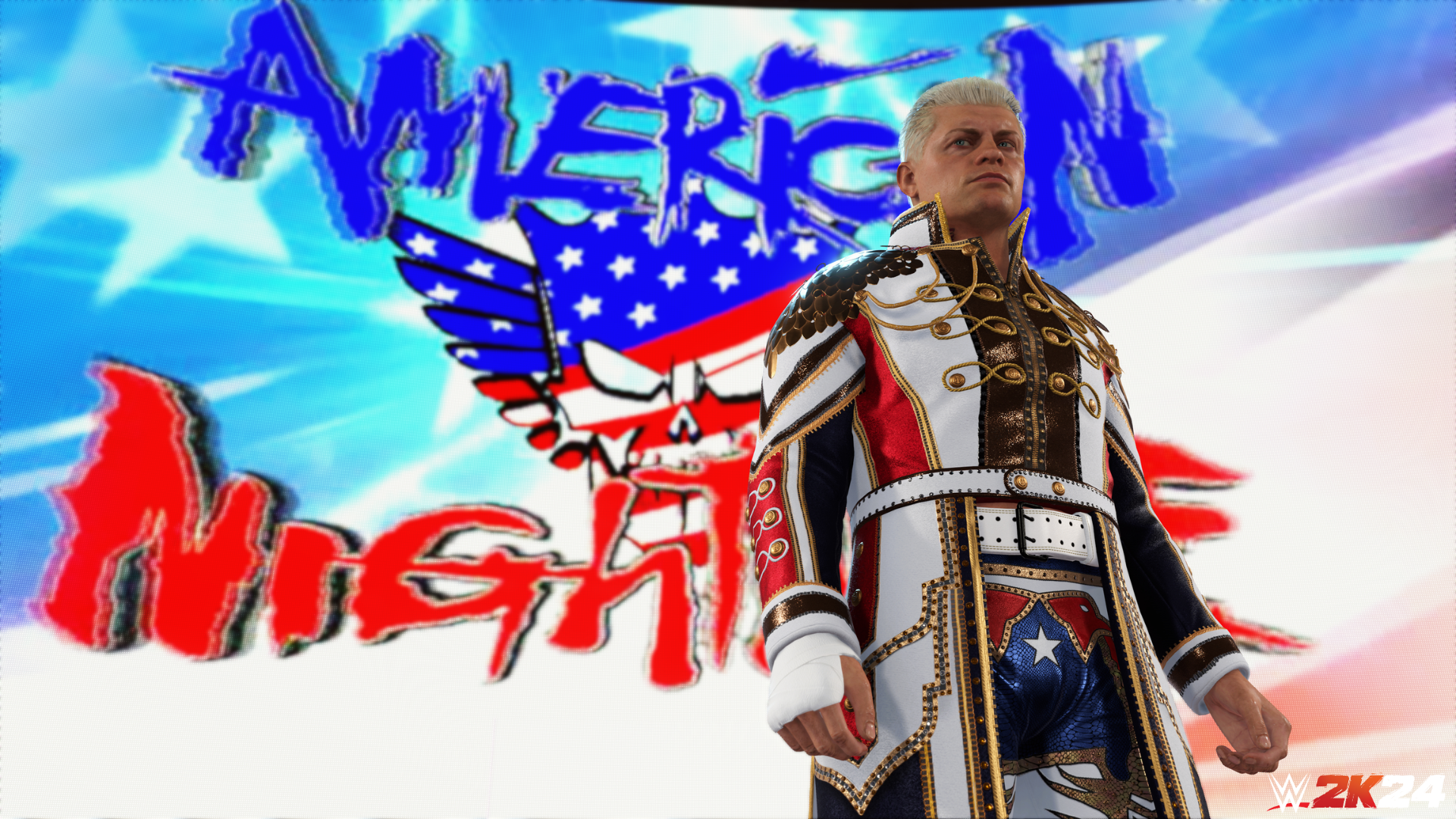 Een worstelaar in een patriottenoutfit staat voor een scherm met een Amerikaanse vlag en tekst.