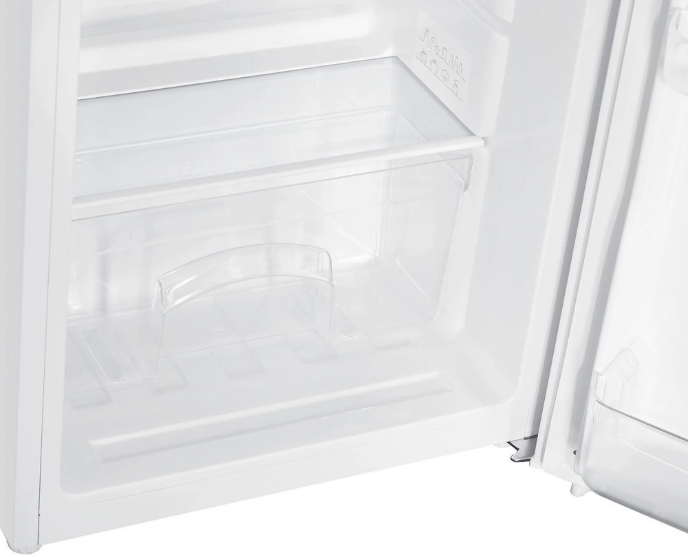 Open white mini-fridge interior with shelves and clear plastic compartments.