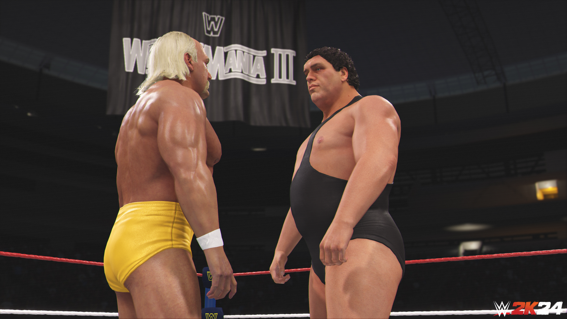 Twee worstelaars tegenover elkaar in een worstelring, met een 'Wrestlemania III'-bord.