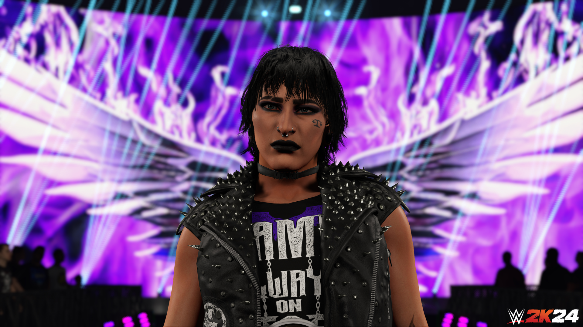 Vrouw voor een paarse achtergrond, WWE 2K24 logo.