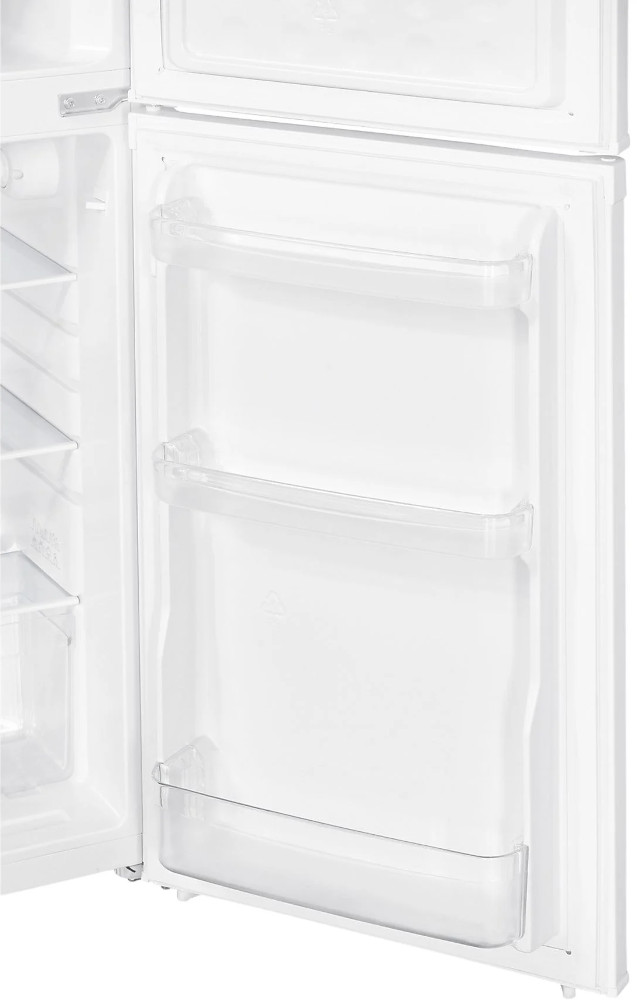 White refrigerator interior with shelves and transparent storage bins.
