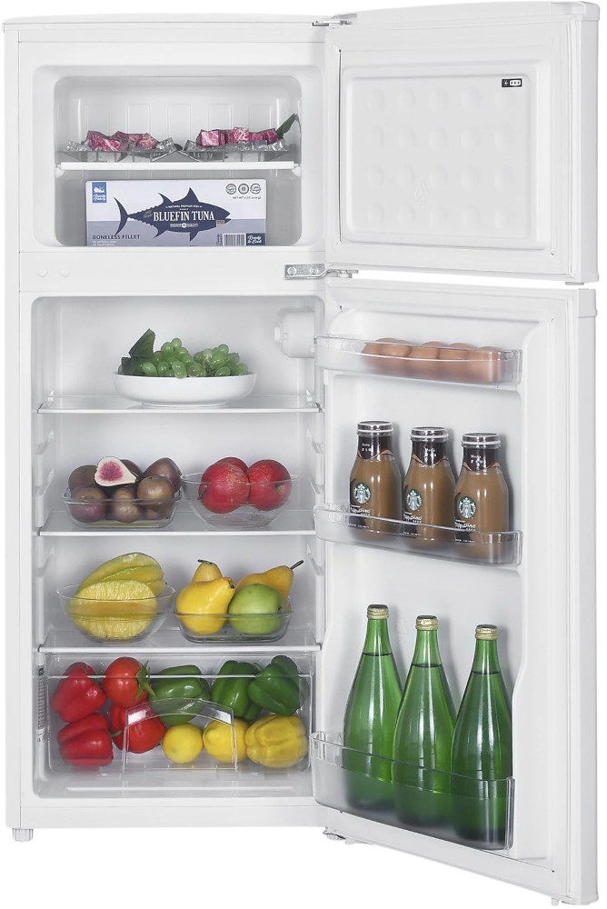 Refrigerator open: Inside with food, various fruits, and drinks.