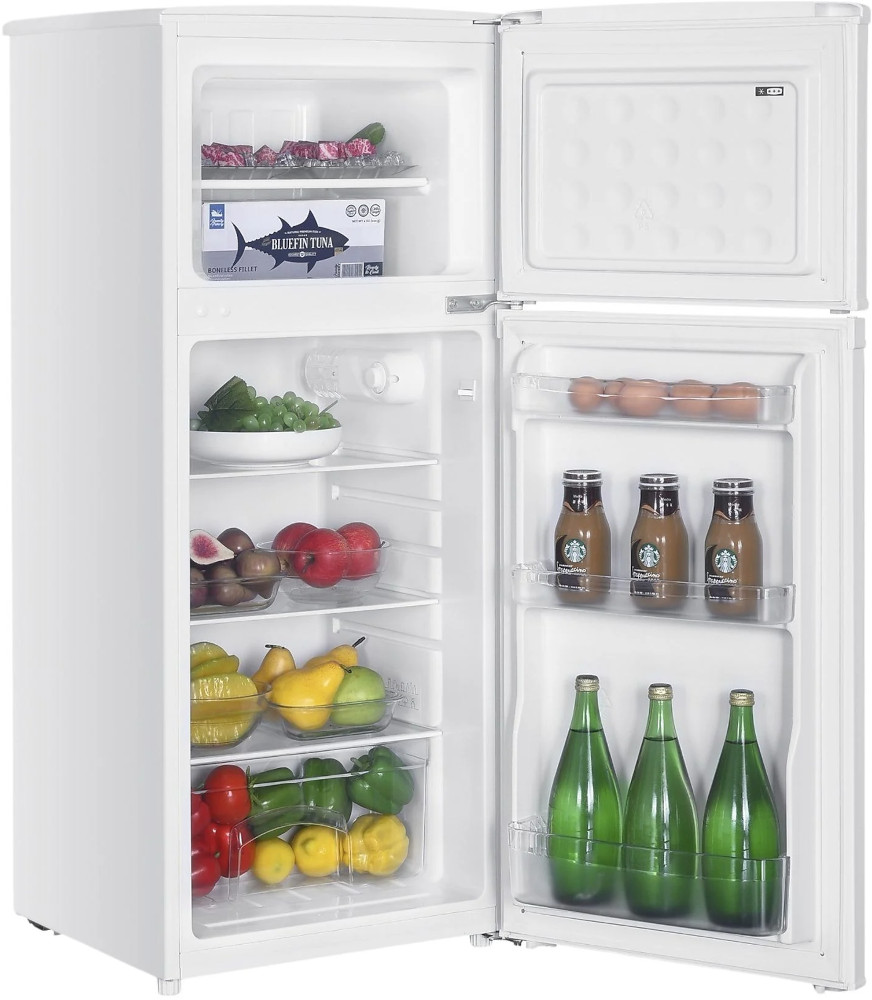 White refrigerator with the door open. Inside, there are shelves with food and drinks.