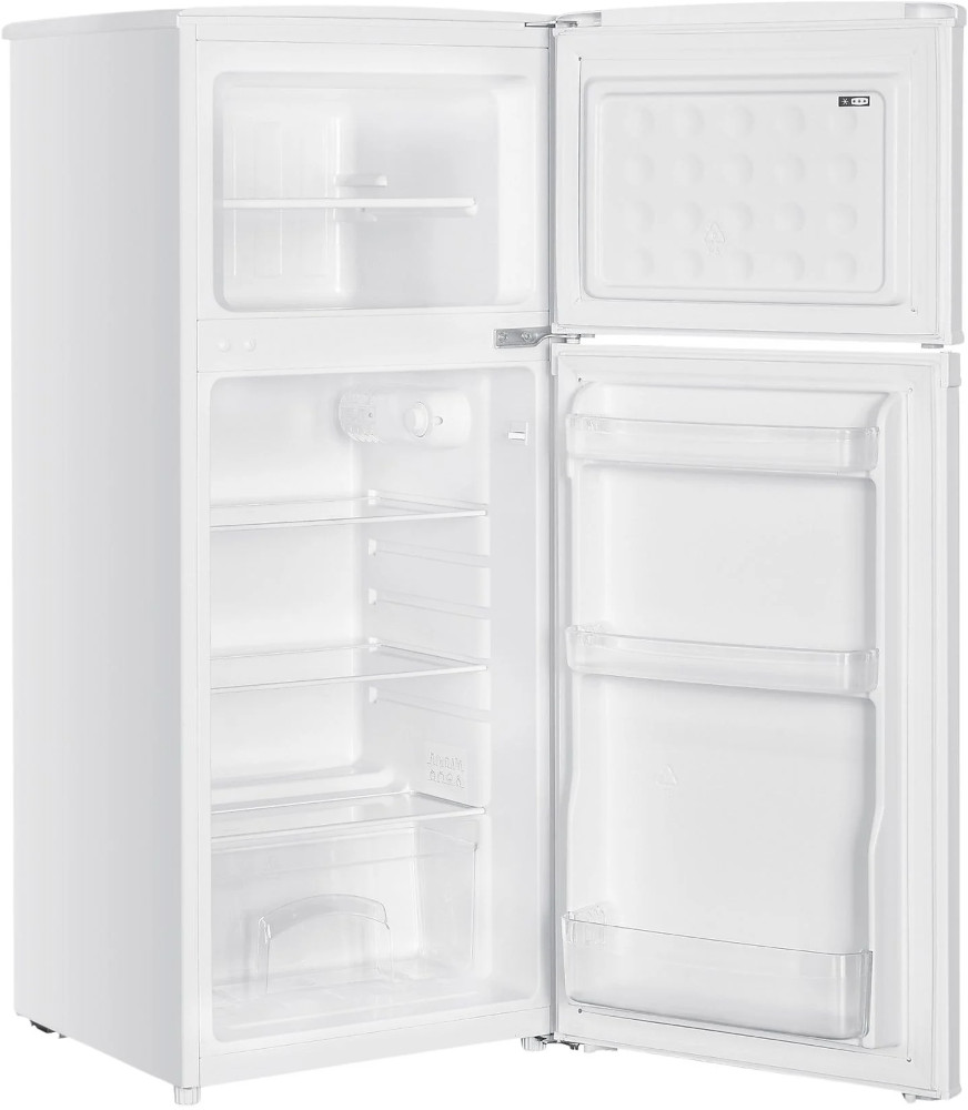 White refrigerator with open doors, showing shelves and compartments.