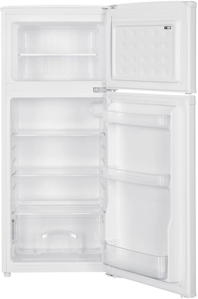 A white refrigerator with the door open, revealing shelves and compartments. The top section is also open.