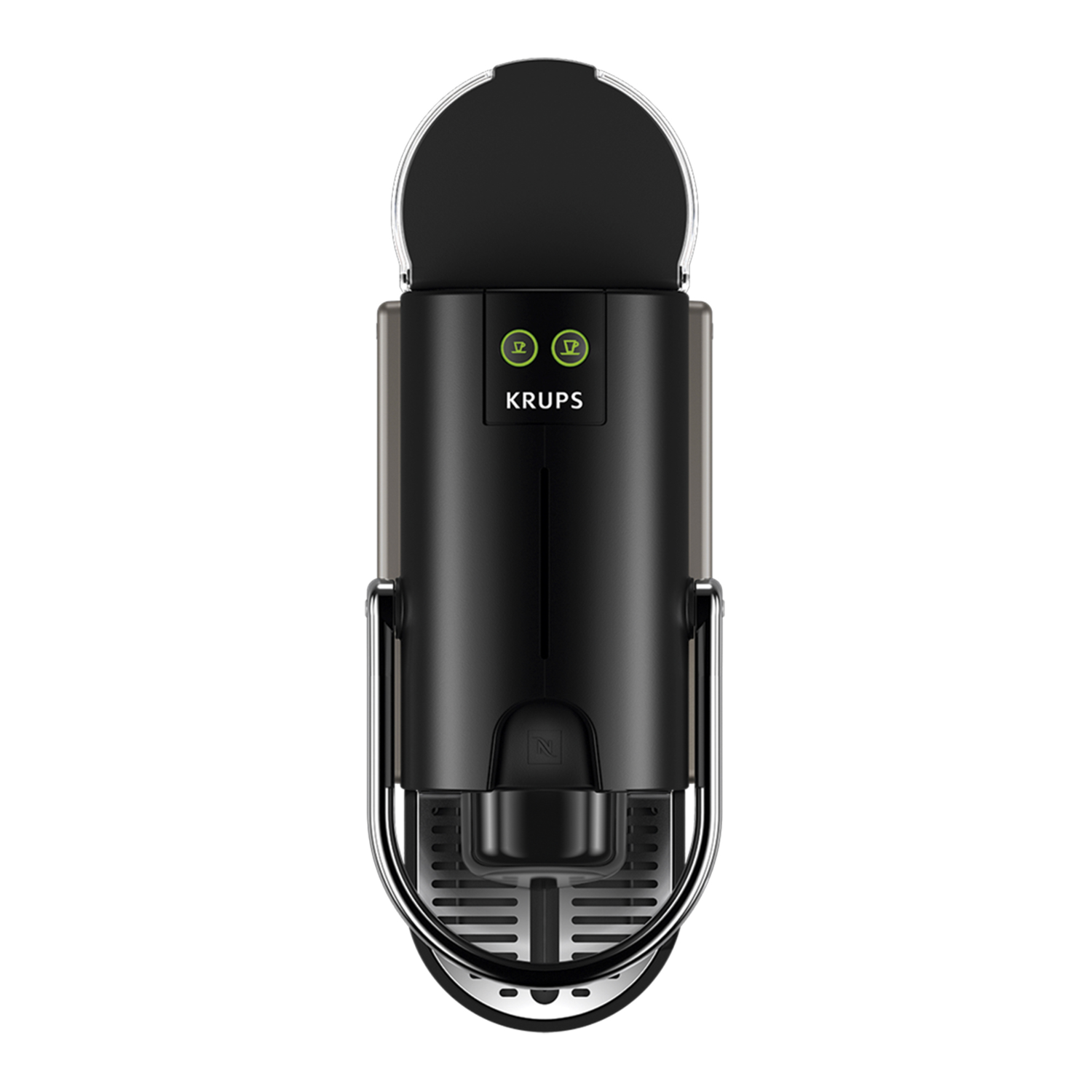 Zwarte Krups Nespresso koffiemachine, bovenaanzicht, met een doorzichtig deksel.