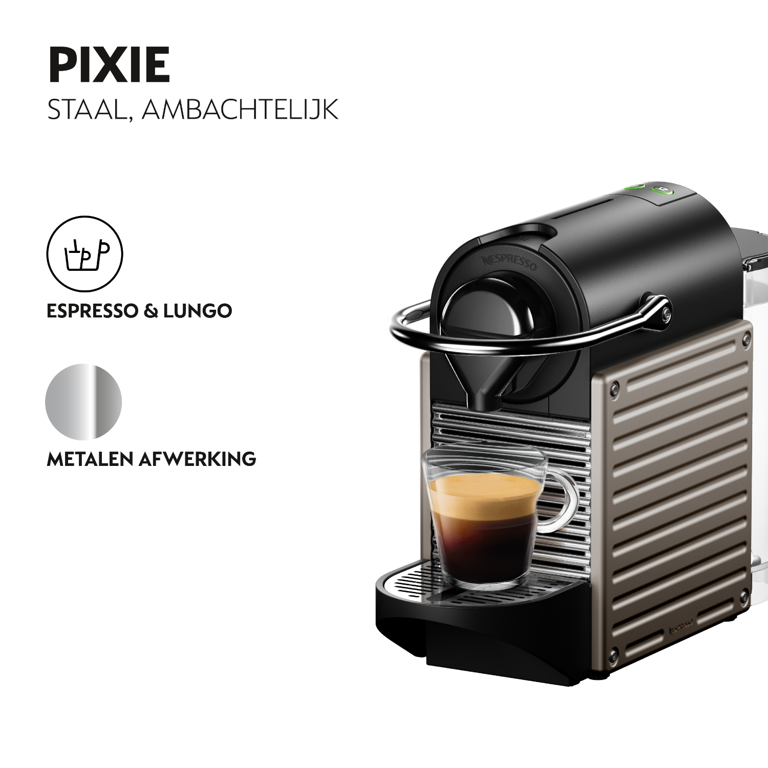 Nespresso Pixie koffiemachine met een kopje koffie. Metalen afwerking en strak design.