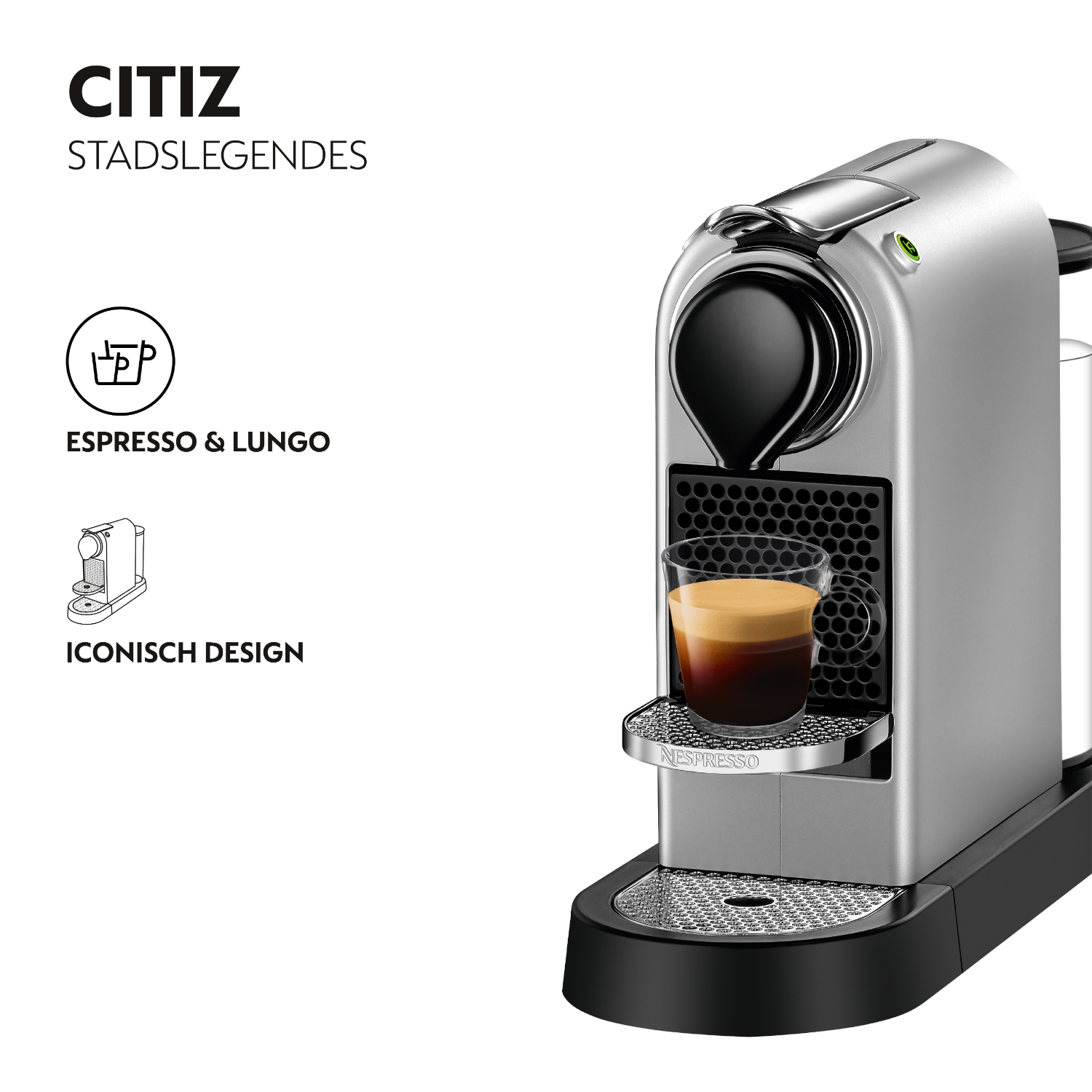 A silver coffee machine with a glass cup filled with coffee. The text CITIZ and Espresso & Lungo is present.