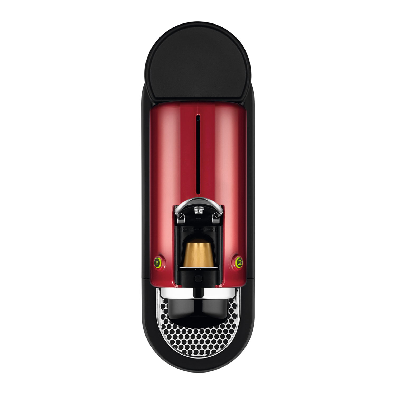 Rode en zwarte Nespresso koffiemachine, bovenaanzicht. Capsule geplaatst, klaar voor gebruik.