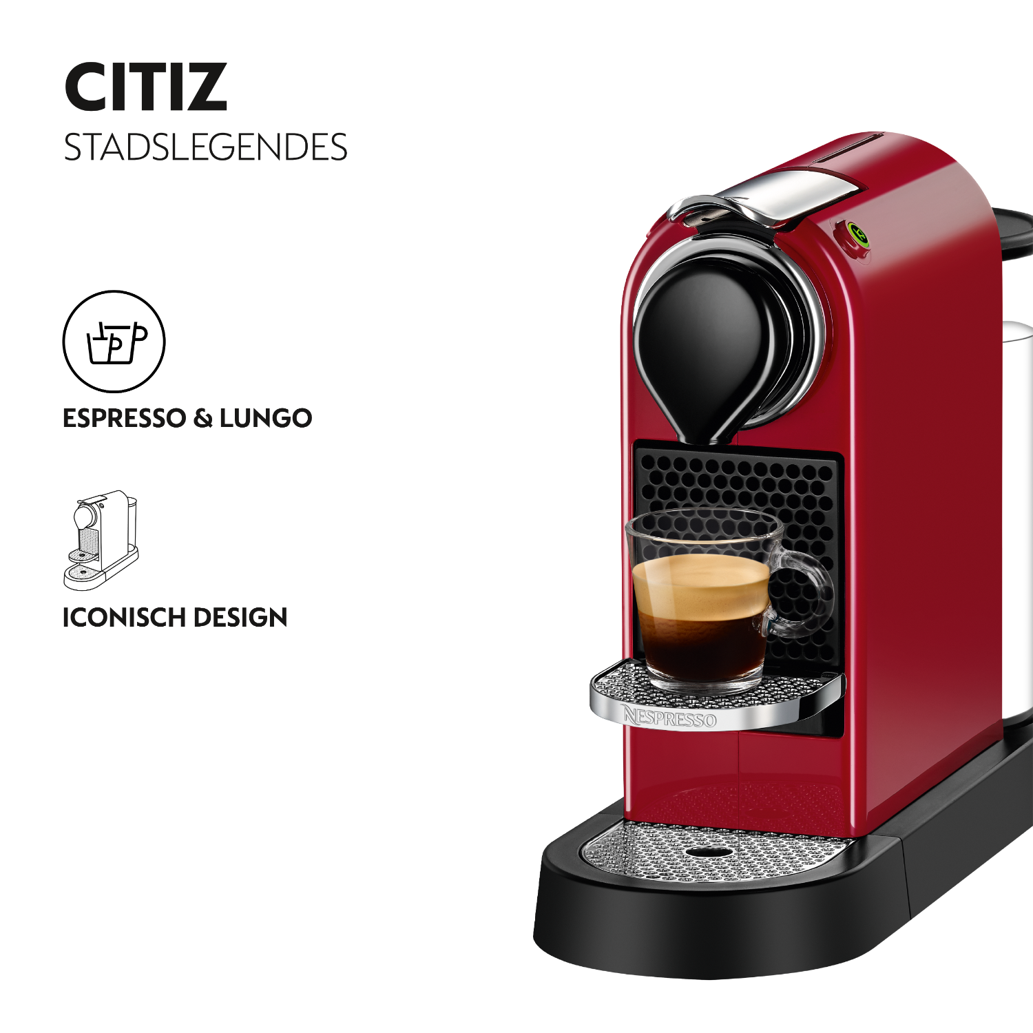 Rode Nespresso koffiemachine. Een kopje met koffie staat onder de uitloop. Witte achtergrond.