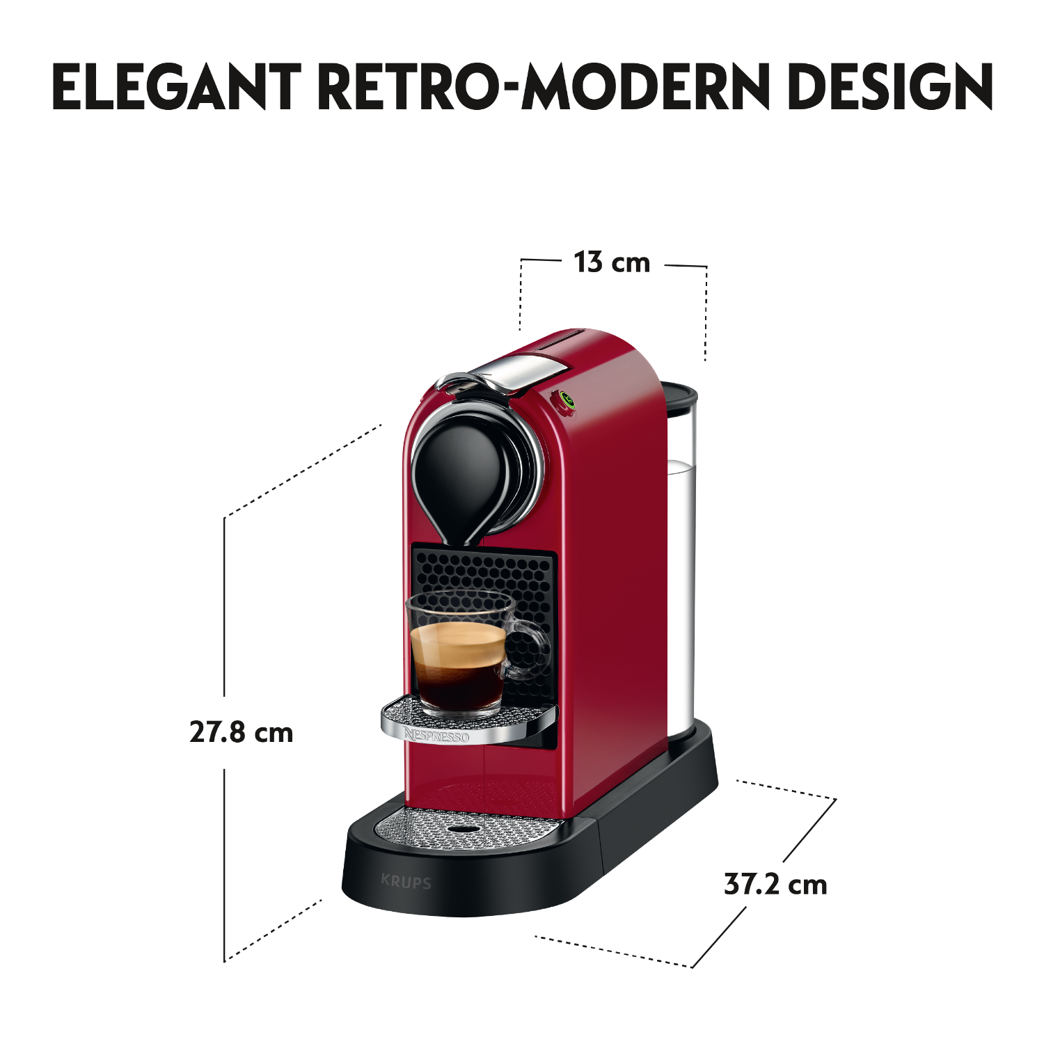 Een rode Nespresso koffiemachine met afmetingen, geplaatst op een zwarte basis.