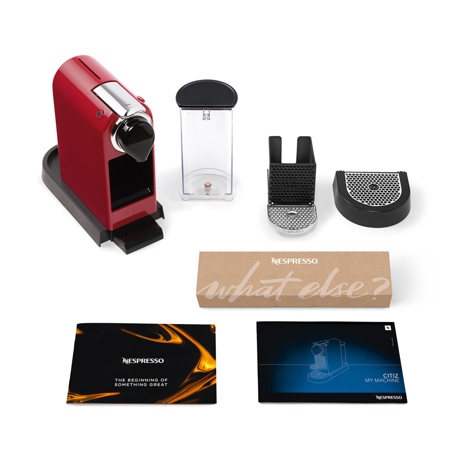 Rode Nespresso Citiz koffiemaker met accessoires.