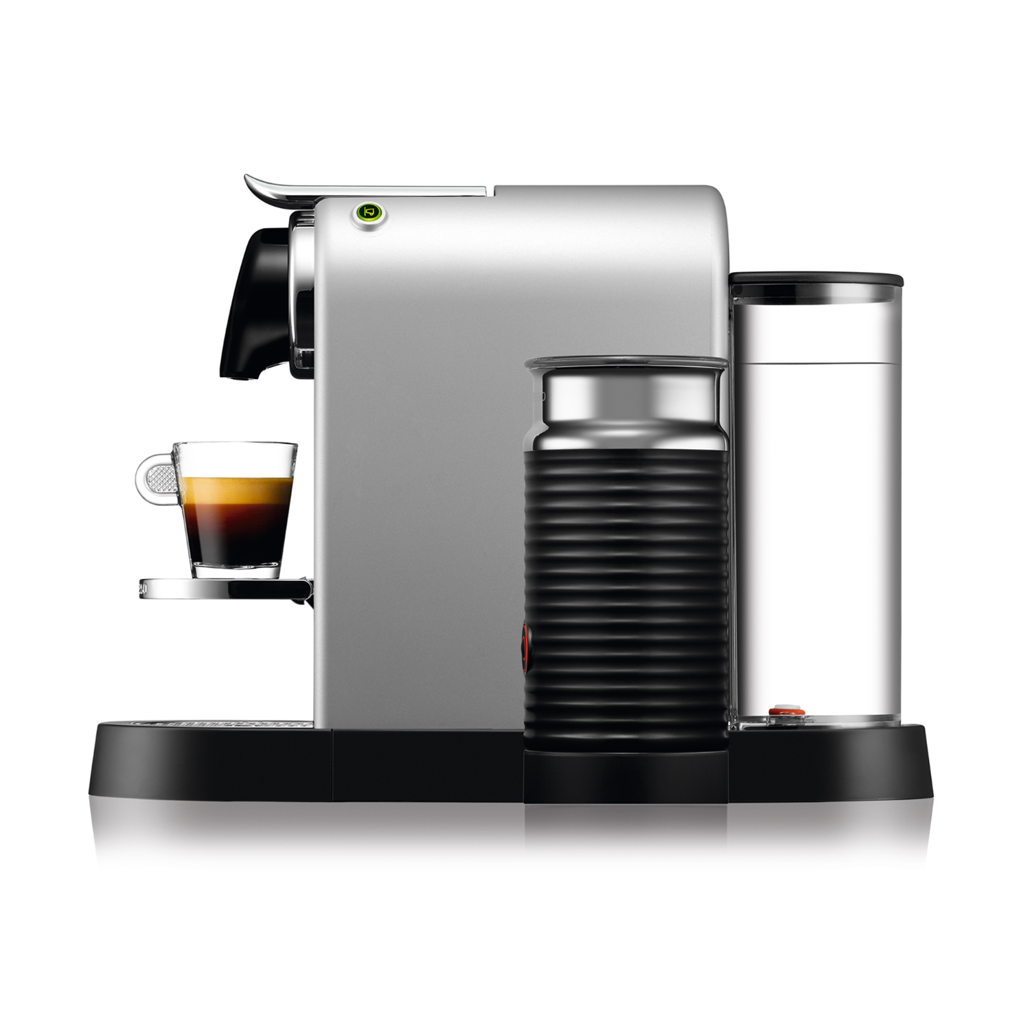 Silver espresso machine with cup, milk frother, and water tank on a white background.