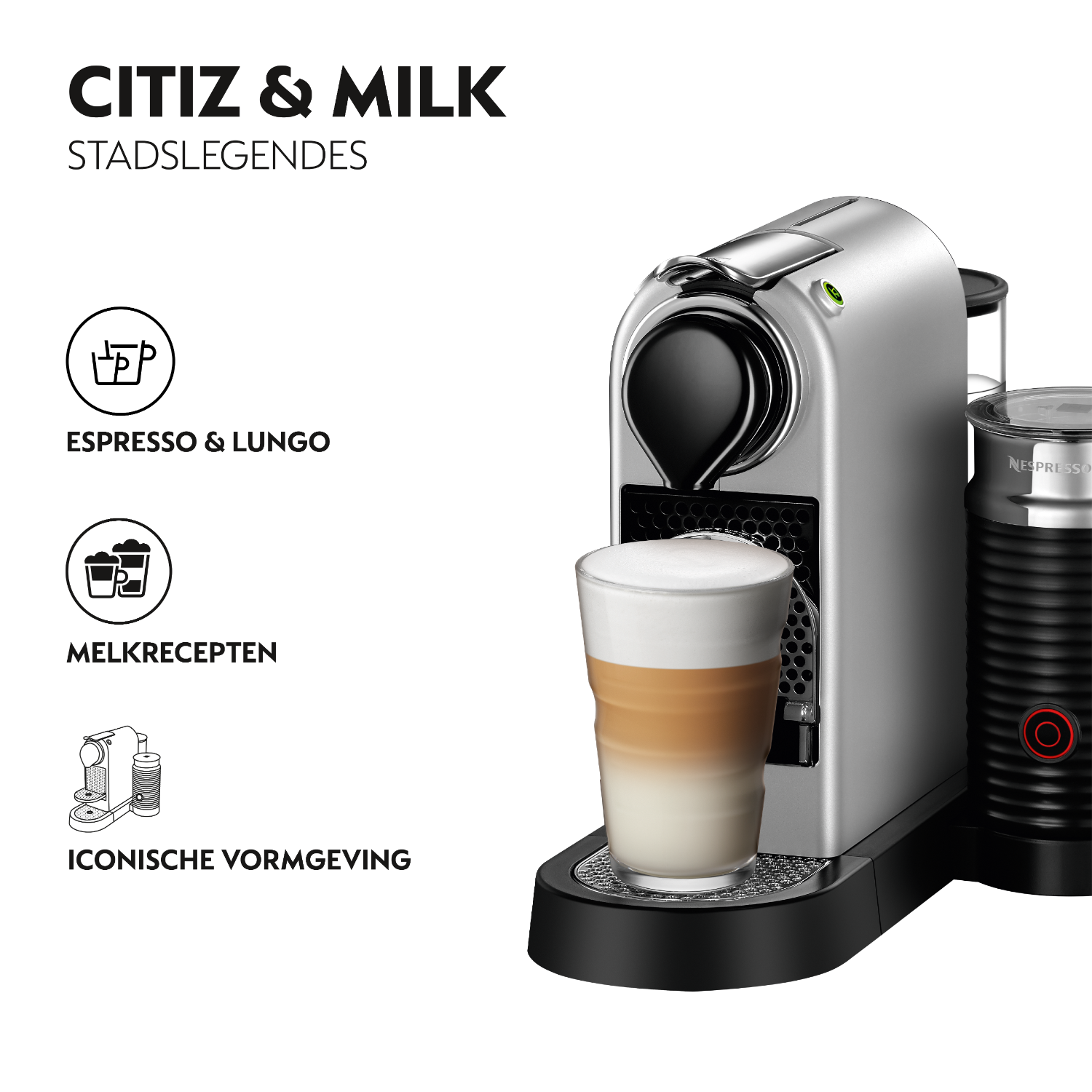 A silver coffee machine with a glass of coffee and a milk frother. Text and icons are on the side.