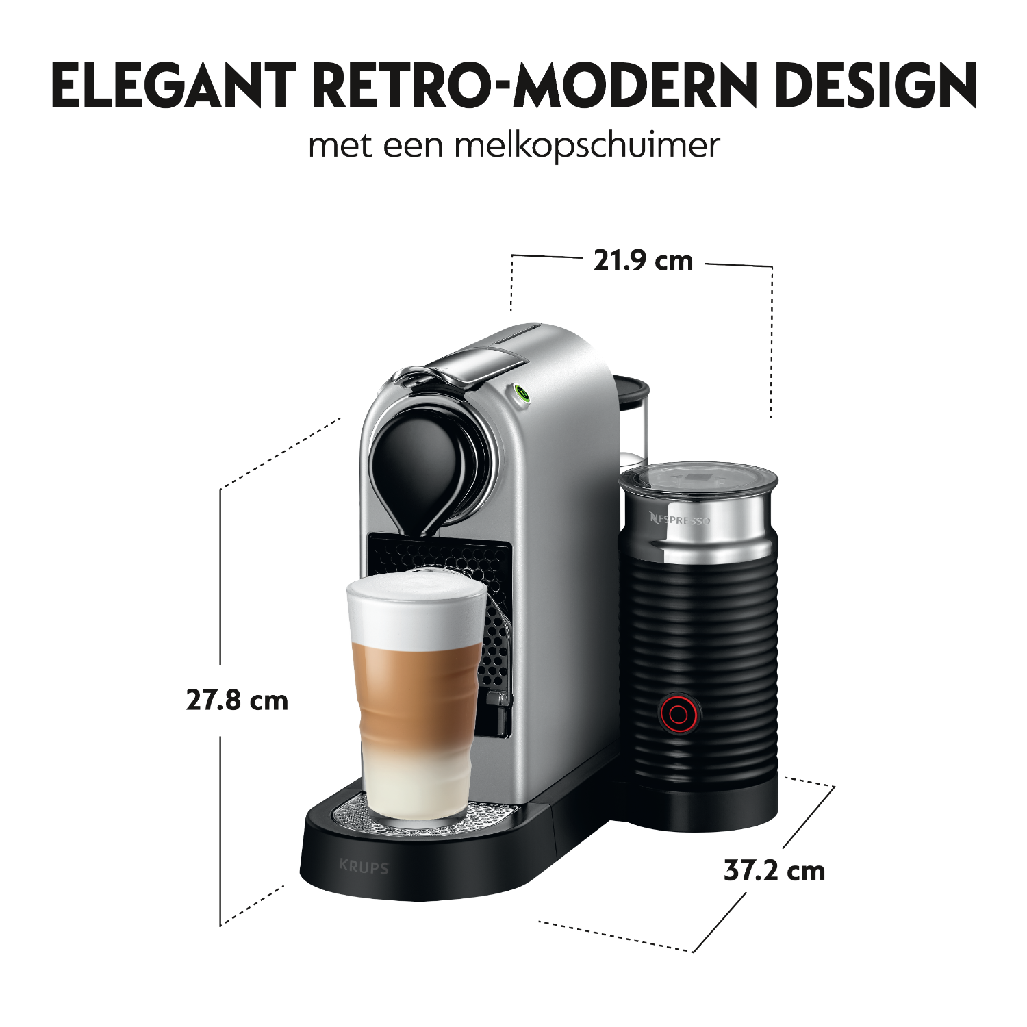 Silver coffee machine with a milk frother, showing dimensions and a coffee glass.