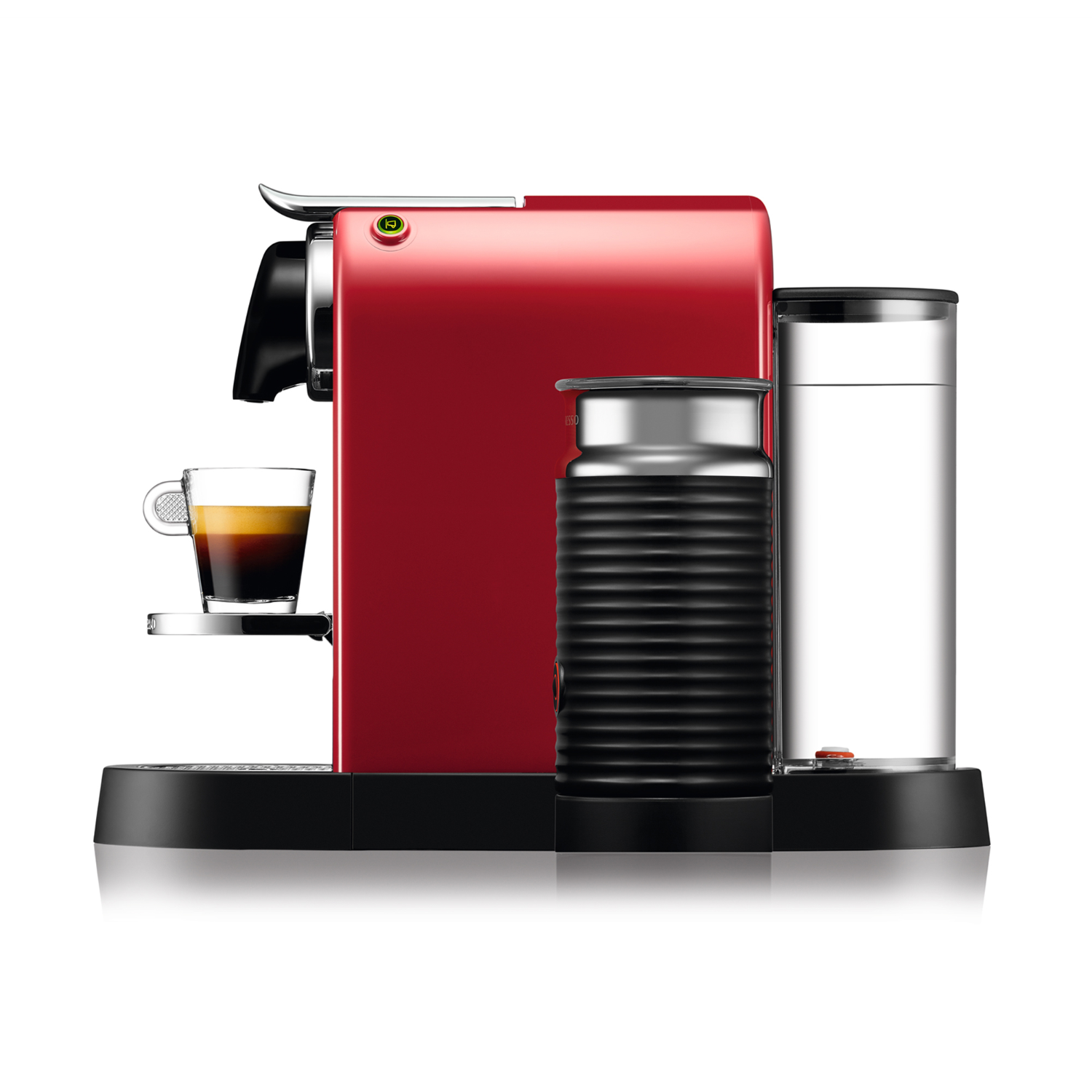 Red Nespresso machine with cup. Milk frother and water tank visible.
