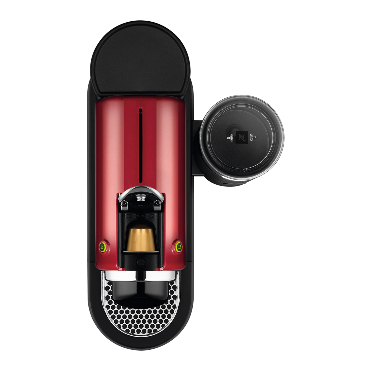Red Nespresso coffee machine. The top is black, with a cup holder on the side.