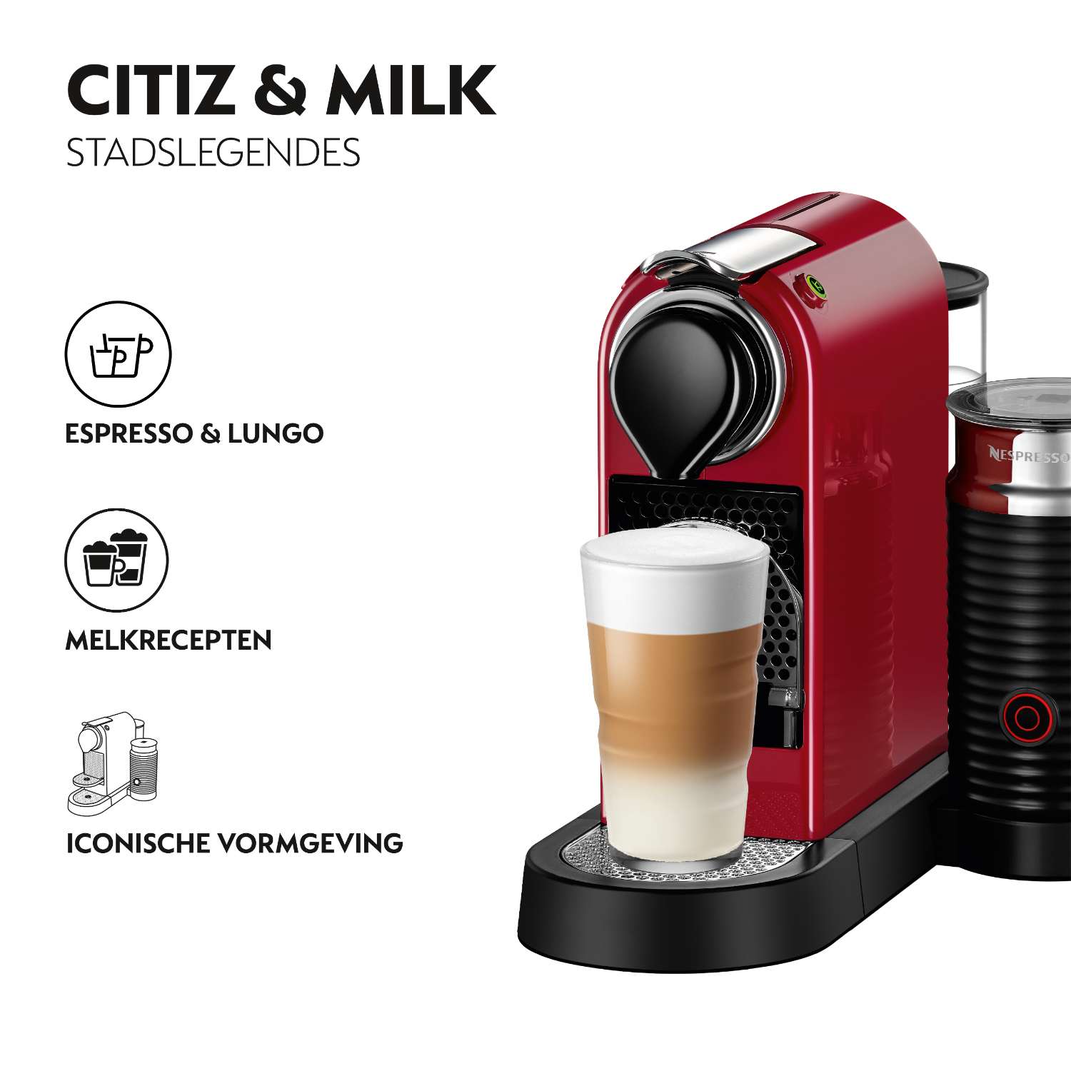 Red Nespresso coffee machine with latte art in a glass on black background.