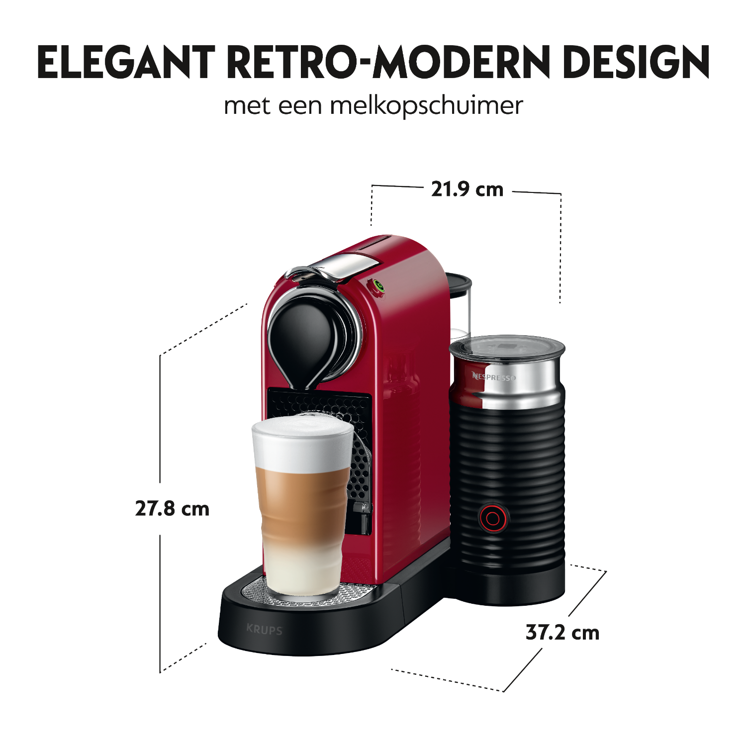 A red espresso machine with a milk frother and dimensions shown.