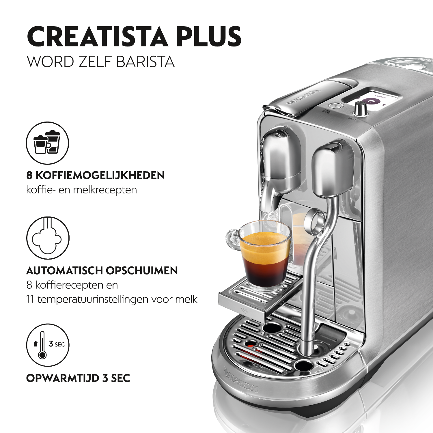 Een zilveren Nespresso koffiemachine met een kopje koffie. Tekst en pictogrammen staan links.